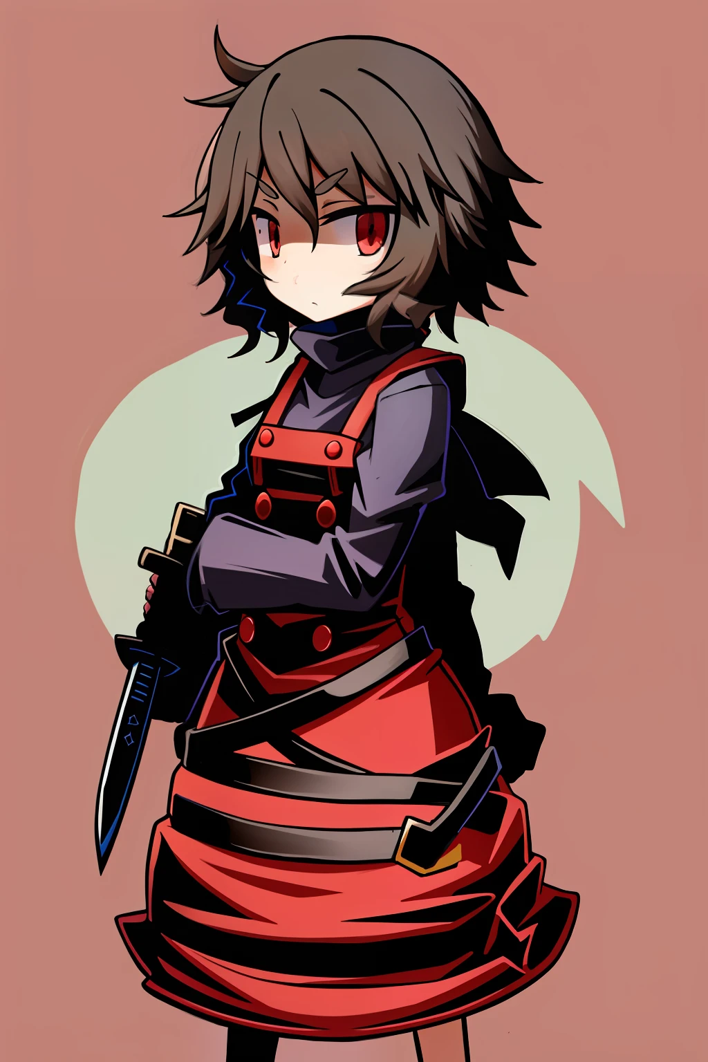 A red-and-black-haired woman holds a knife,Wear red and black clothing,The background is the end times