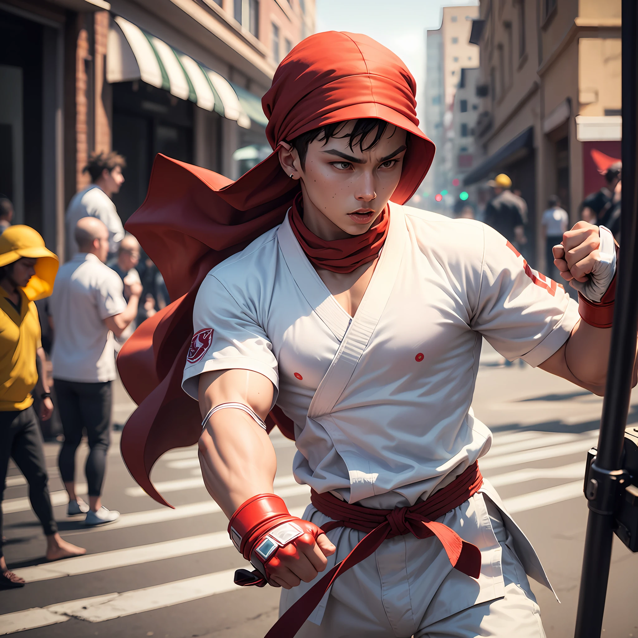 c4ttitude, wearing white karate outfit, red bandana, focusing energy, street fighter