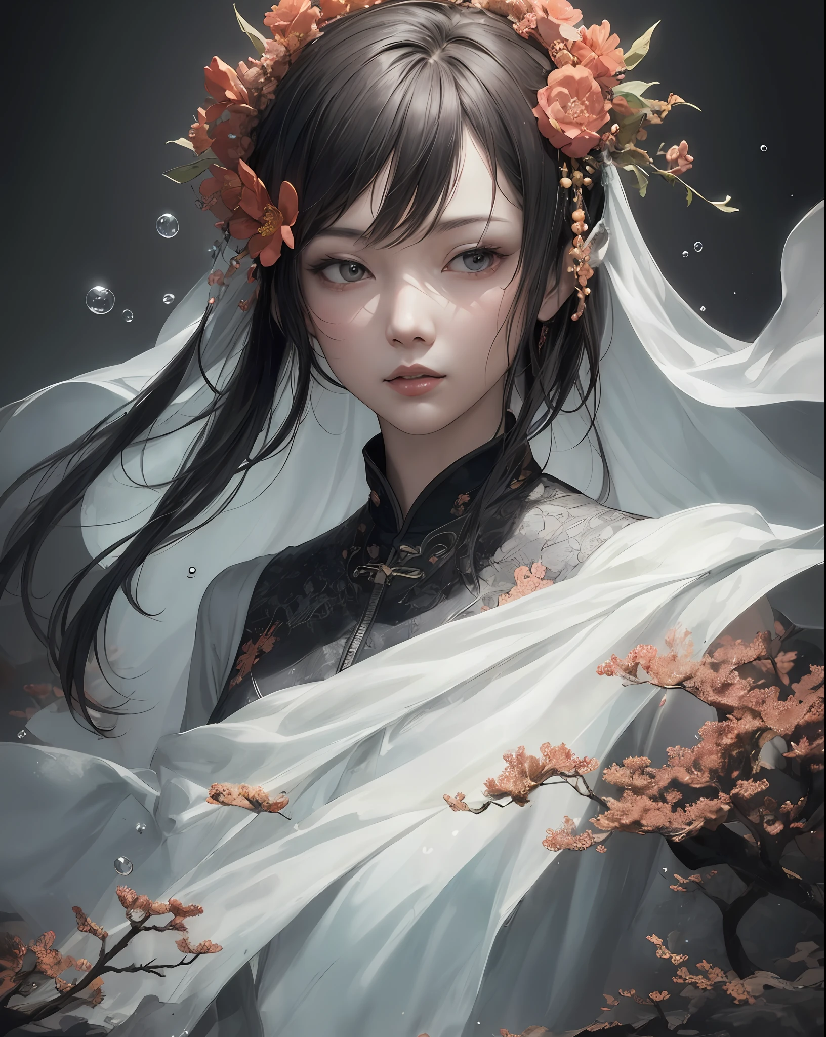 Jesus loves children, tmasterpiece, hbest quality, high qulity, extremely detailed CG unit8k wallpaper,One was wearing a black dress,Close-up of a woman wearing a flower crown, inspired by Ai Xuan, Beautiful digital artwork, inspired by Fenghua Zhong, cgsociety and fenghua zhong, Ross Tran 8 K, Guviz-style artwork, Inspired by Feng Zhu, digital fantasy art , Asian Woman Water Elemental, Gorgeous digital painting,(巨作:1.0), (Highest quality:1.12), (hdr:1.0), A girl, illustration, Cover art, (Black:1.2), Portrait , coral background, Splash
