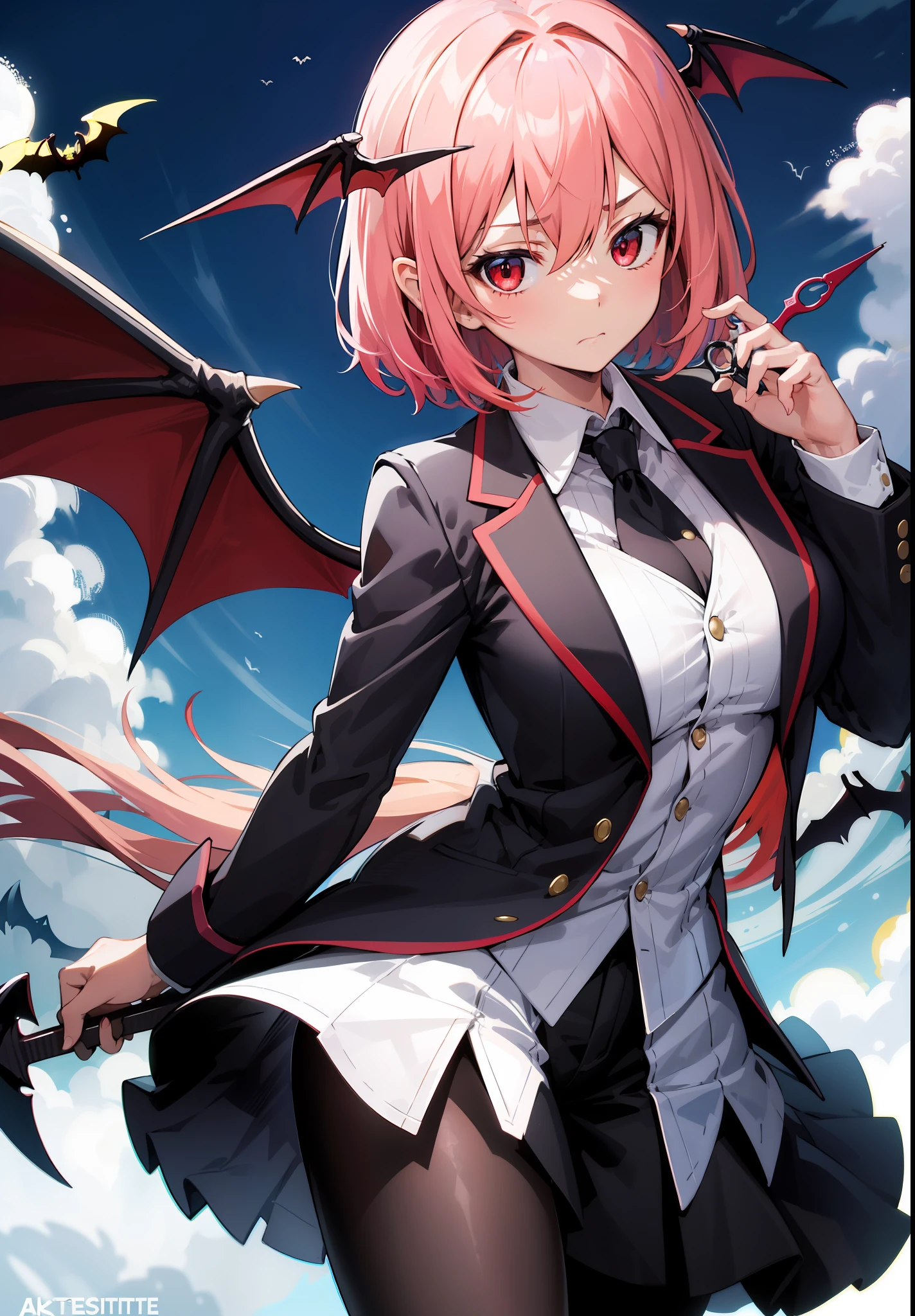 tmasterpiece，high high quality，1girlhugebreasts，solo，mideum breasts，short haircut，whaite hair，red - eyed，（hair between eye），（00BFFE sprite scissors），Bat wings，Disappointed face，akimbo，looking looking at viewer，（Business suit）