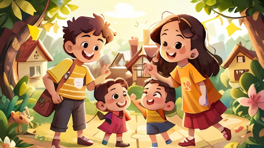 Gere a familia Silva com seus 4 integrantes felizes com uma casa de fundo