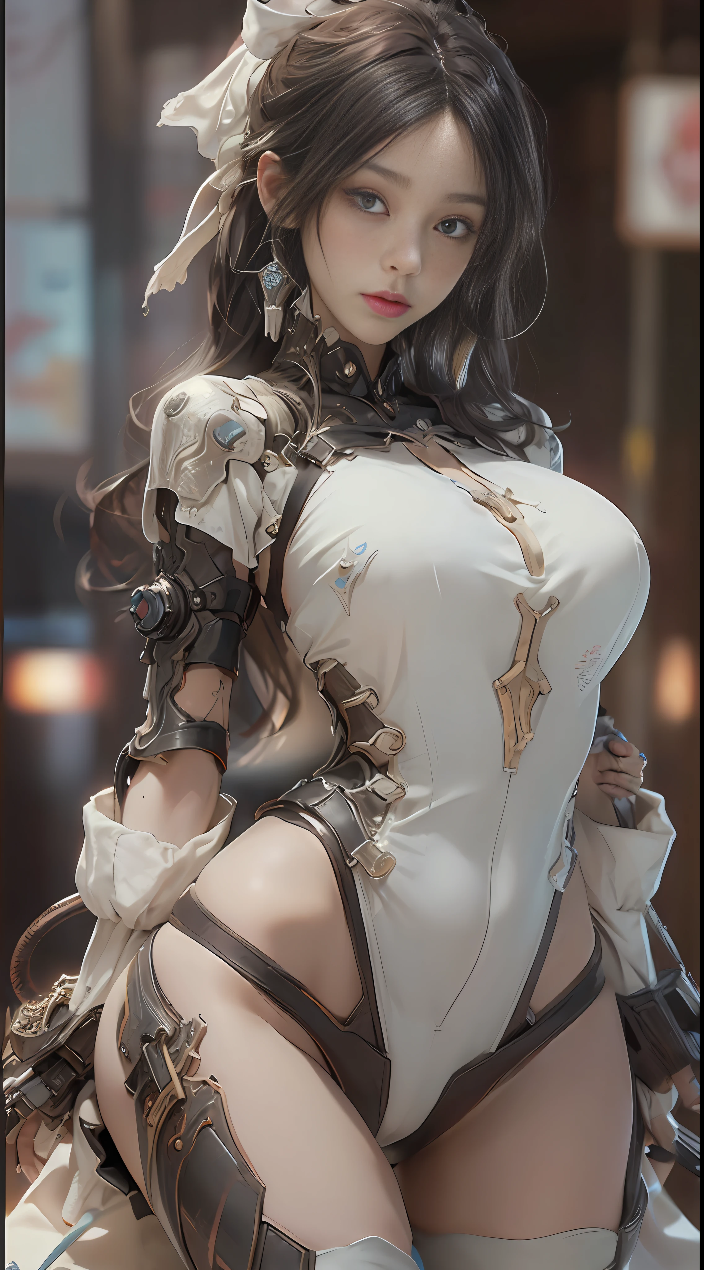 ((beste-Qualit)), ((masterpiece)), (detaileds: 1.4), 3D, Beautiful steampunk woman, HDR(HighDynamicRange), Ray traching, NVIDIA RTX, Hyper-Resolution, Unreal 5, sub-surface Scattering, PBR Texture, Postprocess, Anisotropy Filtering, depth of fields, Maximum clarity and sharpness, Multilayer Texture, Albedo and Highlight Maps, Surface Shading, Accurate simulation of light-material interactions, The chest is skin visible、Perfect Ratios,Hydraulic cylinder、gear wheel、gear、 Octane Render, Two-color light, Large aperture, Low ISO、White Balance、thirds rule、8K RAW、