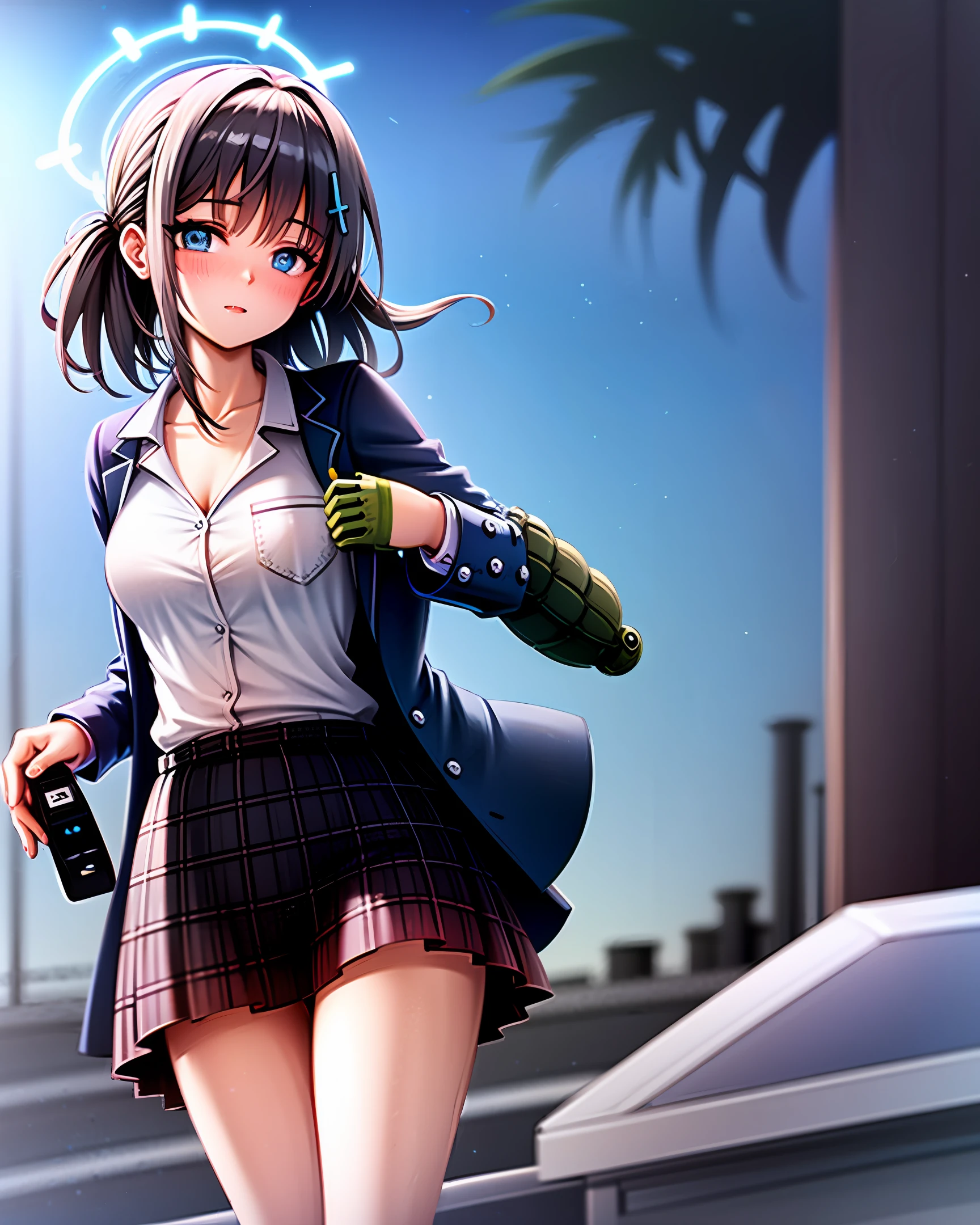 drawing a 16-year-old girl with her left hand holding a briefcase, her right hand holding a ripe crocodile in her palm. The scene is the ruined city after the war