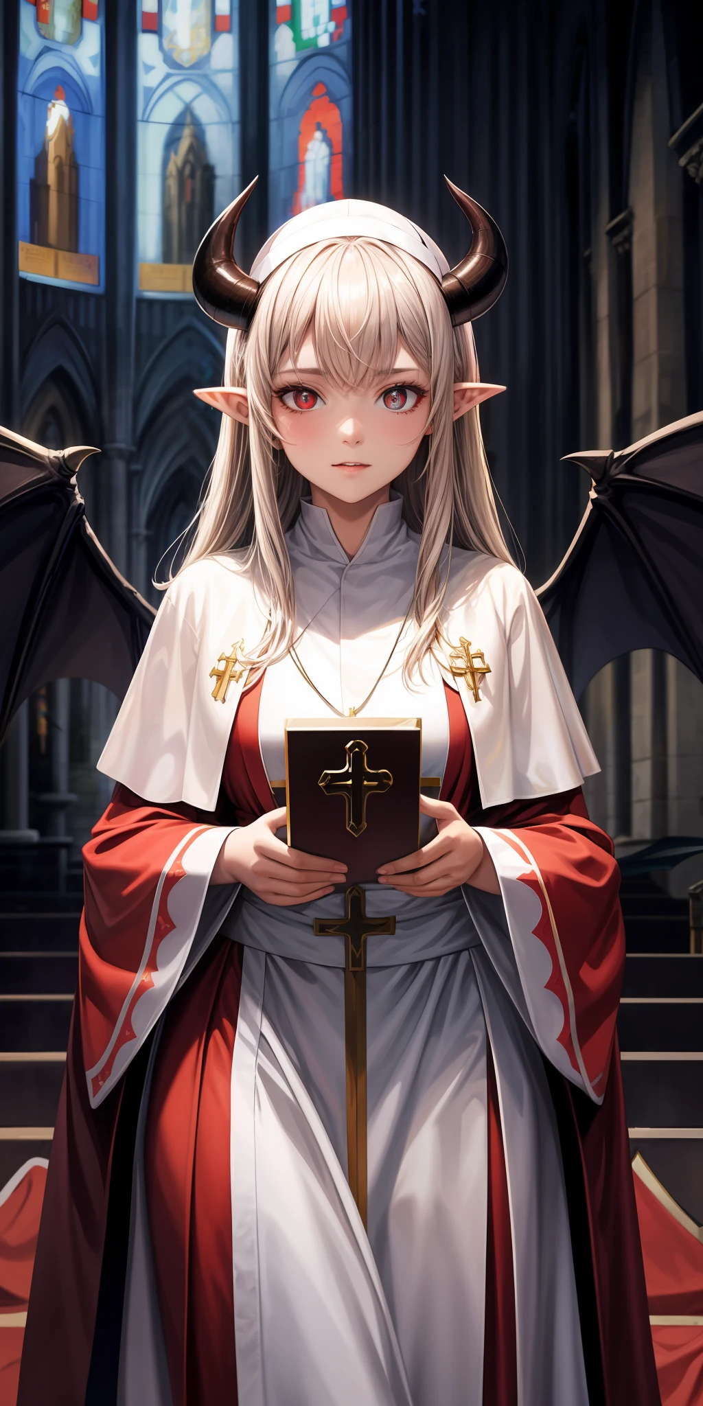realisticlying,1girlhugebreasts,cabelos preto e longos,(Pope clothing,Holy),red pupils,Elongated demon tail,(Monk's robe),Facing the audience,blacksilk,Slim,pointy ears,a flat chest,solo,Devil Wings,cathedral background,Playful,Be red in the face