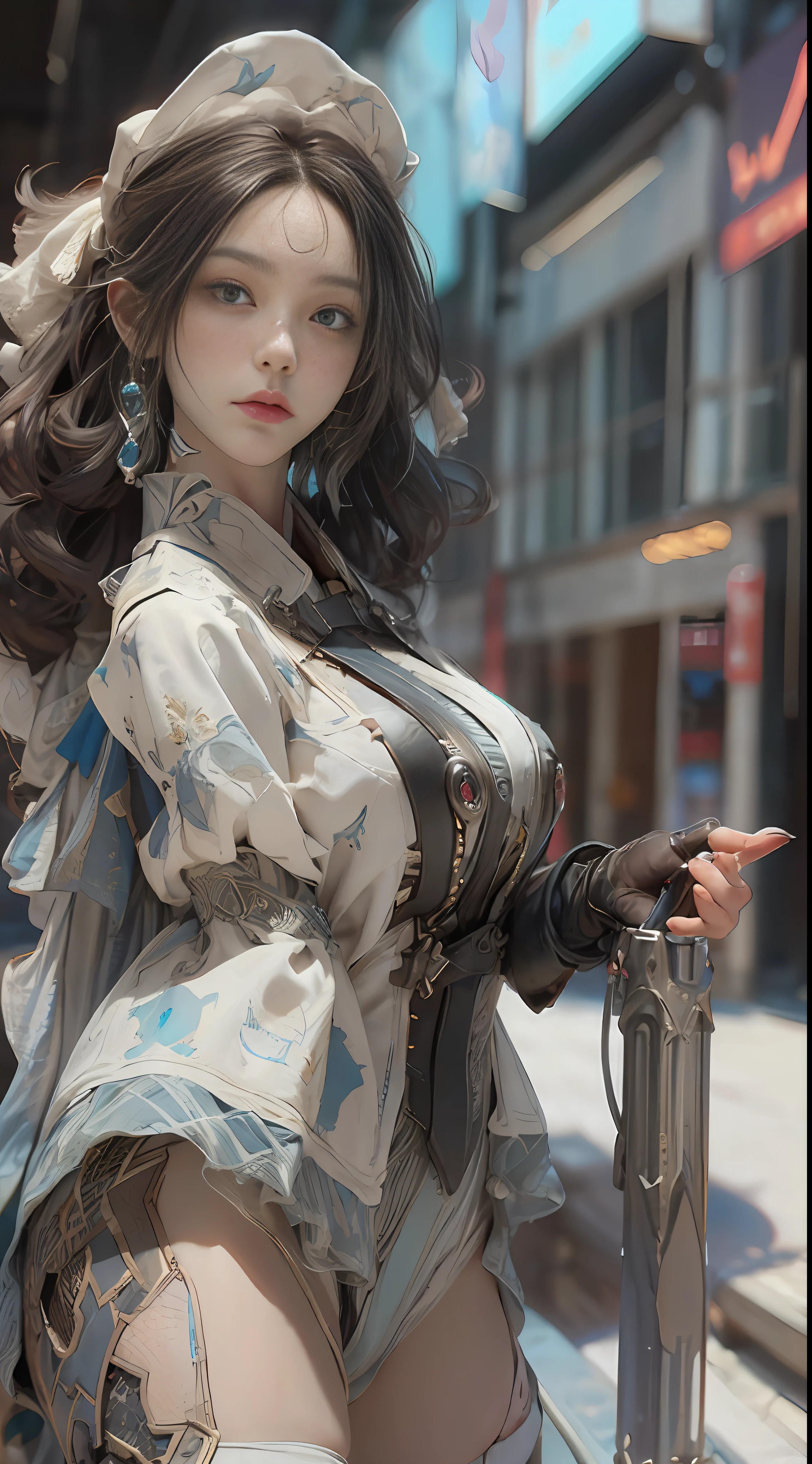 ((beste-Qualit)), ((masterpiece)), (detaileds: 1.4), 3D, Beautiful steampunk woman, HDR(HighDynamicRange), Ray traching, NVIDIA RTX, Hyper-Resolution, Unreal 5, sub-surface Scattering, PBR Texture, Postprocess, Anisotropy Filtering, depth of fields, Maximum clarity and sharpness, Multilayer Texture, Albedo and Highlight Maps, Surface Shading, Accurate simulation of light-material interactions, The chest is skin visible、Perfect Ratios,Hydraulic cylinder、gear wheel、gear、 Octane Render, Two-color light, Large aperture, Low ISO、White Balance、thirds rule、8K RAW、