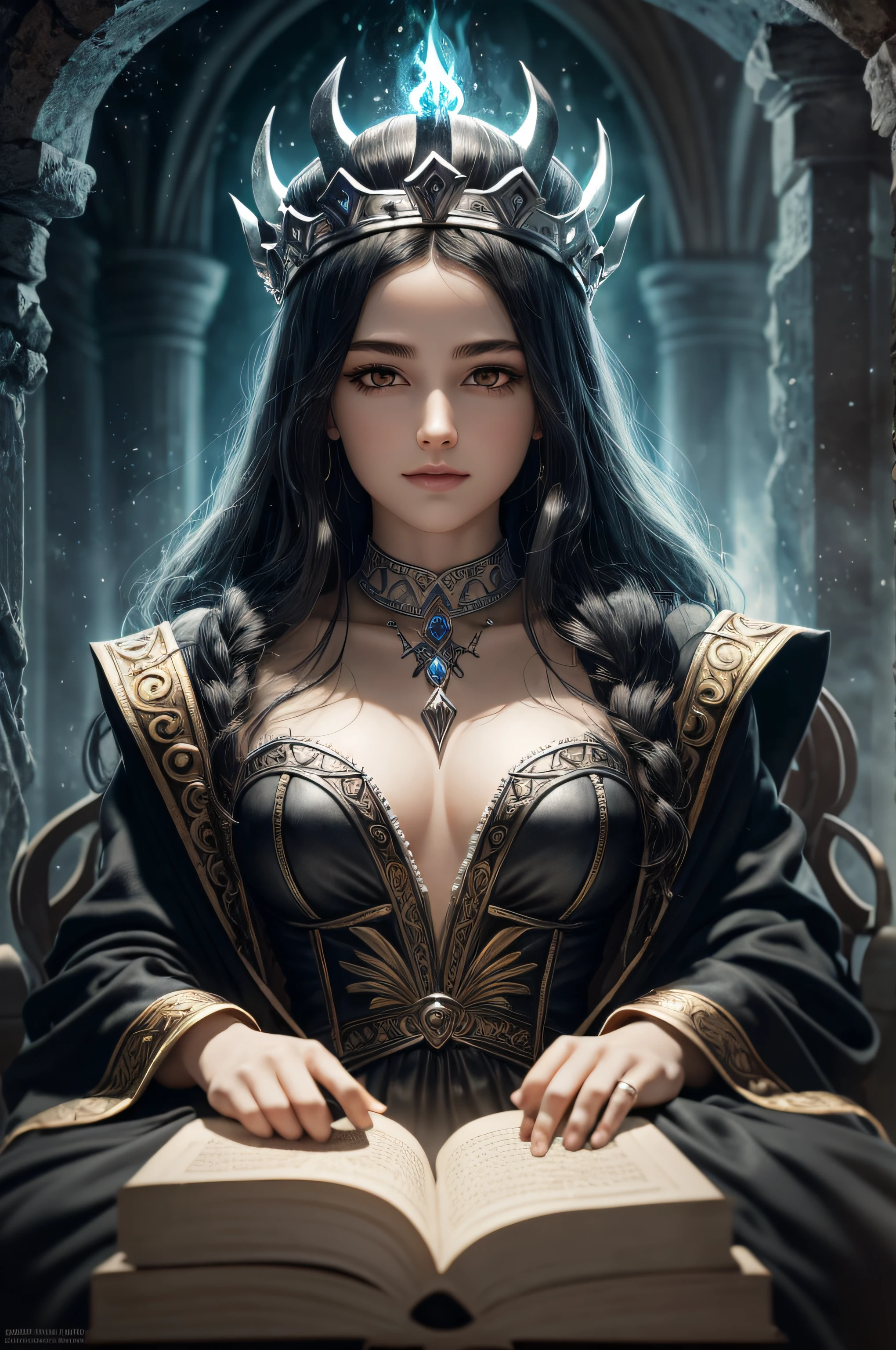 Young greek goddess of death and rebirth, With black hair and black eyes, Is pale skinned, Wears black robe and silver crown, Is young queen of hell, Is sitting on the throne, Is smiling coldly, abyss, underworld, styx, flame of hell, Greek mythology, mysterious atmosphere, super high quality, ultra accurate description of hands, HDR, photorealistic, super detail, masterpiece, 8K