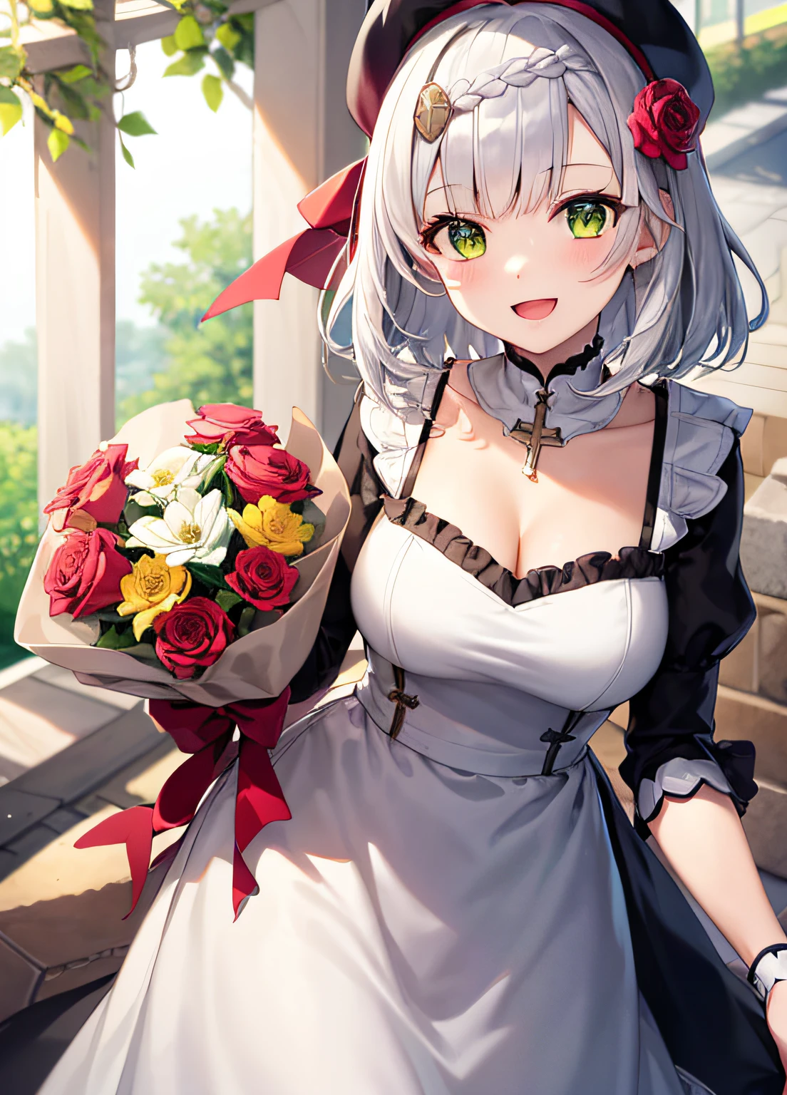 ((masterpiece)), (((best quality))), ((ultra-detailed)), ((illustration)), ((disheveled hair)), ((frills)), (1 girl), (solo), alternative costume， arm strap， bangs ， blue flower， blue ribbon ， blue rose ， blunt bangs， bouquet， braid ， breasts ， bride， cleavage ， clothing ， cross ， cross (symbol)， :d ， dress ， emblem ， falling petals ， female ， female only， flower， flower necklace，yellow-green eyes， grey hair ， hairclip ， hair flower， hair ornament， hair ribbon， hat， hat flower ， headdress ， headwear， holding ， holding bouquet， holding flower ， holding object， jewelry， large breasts ， looking at viewer ， maid headdress ， medium hair ， necklace ， number ， open mouth ， open-mouth smile， petals， ribbon ， rose， rose (flower)， short hair， silver hair， single braid ， smile ， tied hair ， wedding dress ， white dress， white hair，