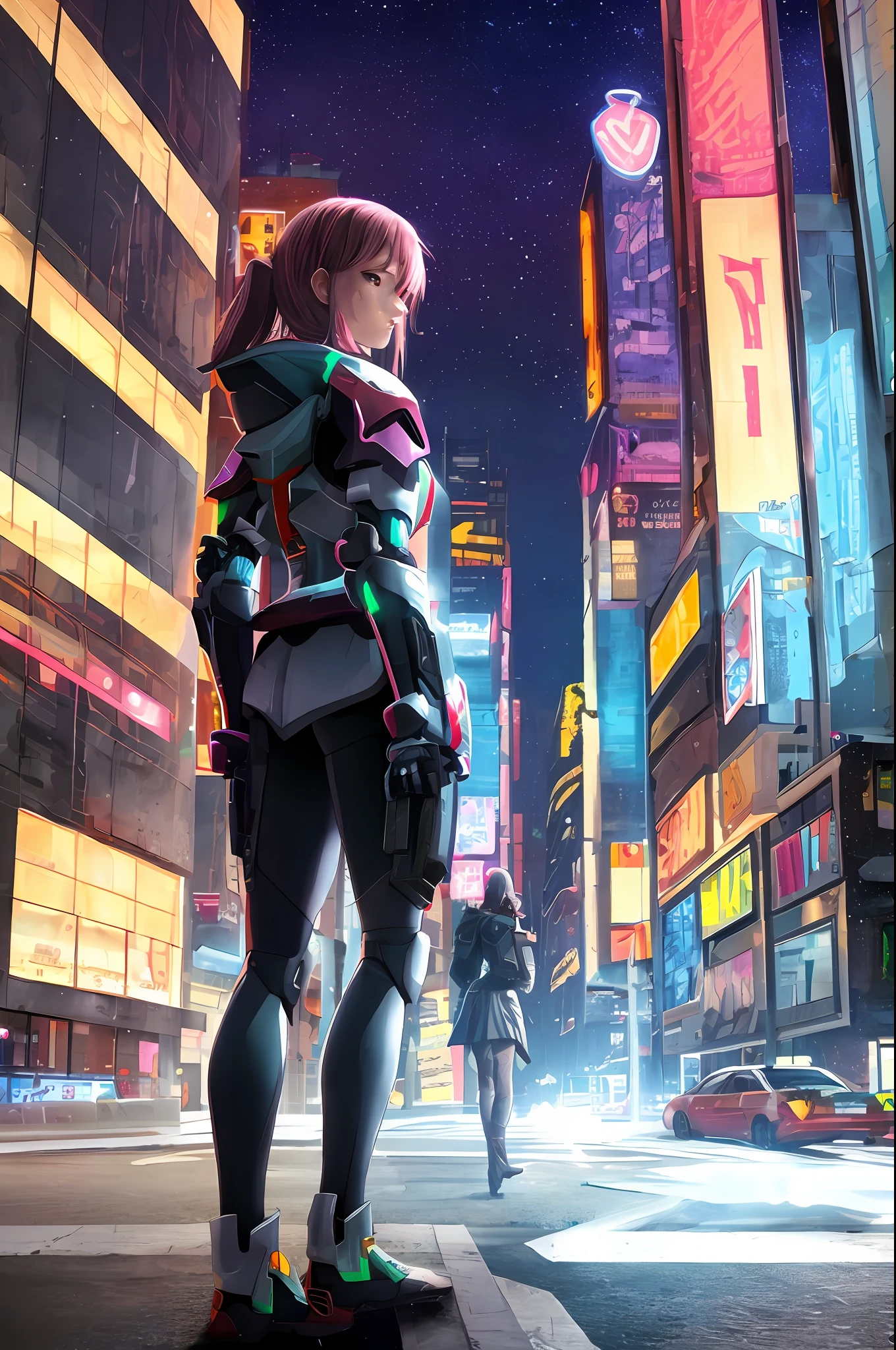 Girl in dark Gundam armor standing on the side of the road Cyberpunk street night view
