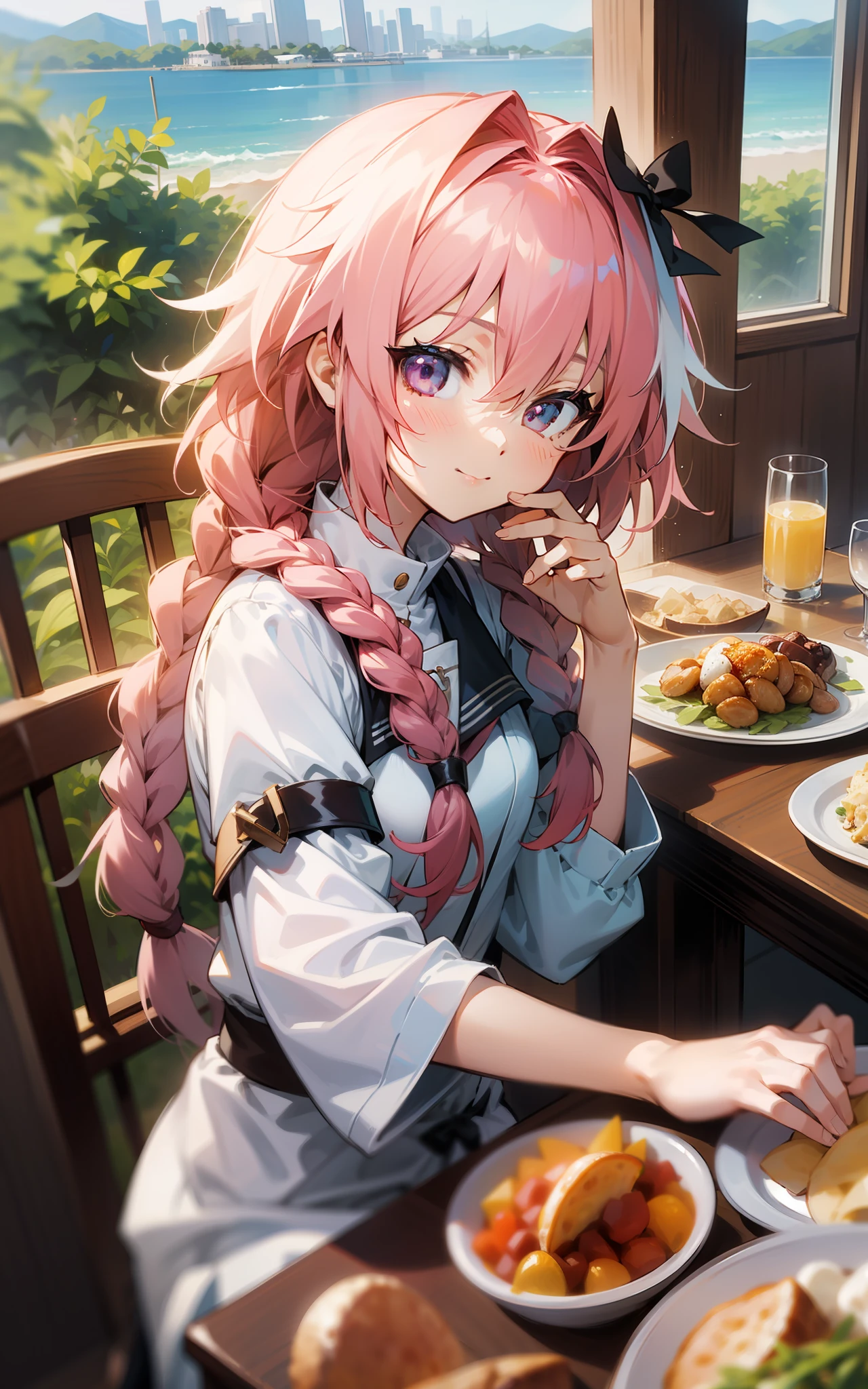 beste-Qualit、hight resolution、detaileds, astolfo、Drawn by an anime studio、Dining in a bright sea house、Long braids、