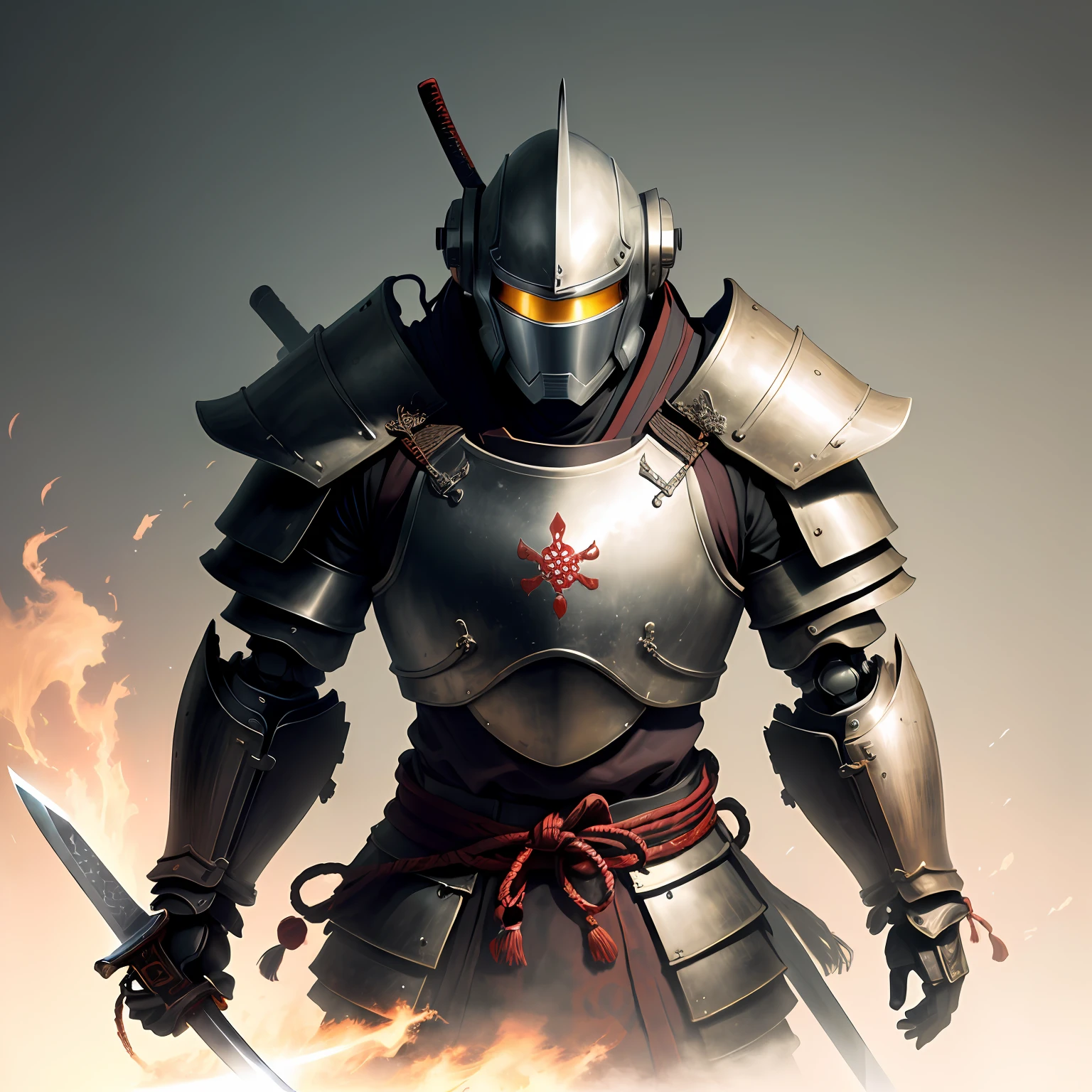 One was wearing black heavy armor，A Japanese samurai in a helmet is drawing a sword, looking like a robot in small armor。