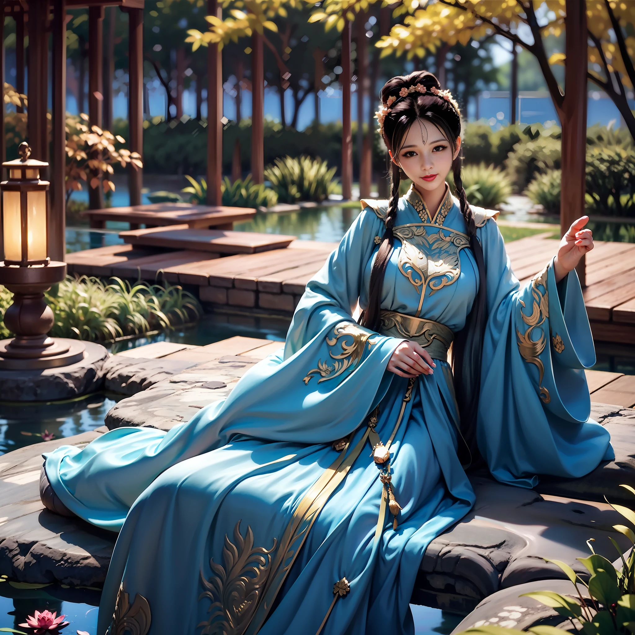 Sitting by a lake full of lotus flowers, feet playing in the water, the art depicts a charming woman with a melon face, dressed in a flowing, silky traditional oriental dress, long, aqua blue, decorated with intricate patterns and bright colors. Her dress drapes elegantly over her curvy figure, accentuating her seductive silhouette. She sits gracefully by the tranquil lotus lake, her feet playing in the water, bathed in the soft glow of the moonlight. The scene exudes an ethereal and dreamy atmosphere, with a touch of mystery and sexiness. The graphic style blends watercolor and digital illustration techniques to evoke a refined beauty and charm. The lights are filled with soft moonlight, casting soft highlights and shadows on her charming features. Bare thighs, big breasts, three-dimensional facial features, sitting, upturned legs, side braids