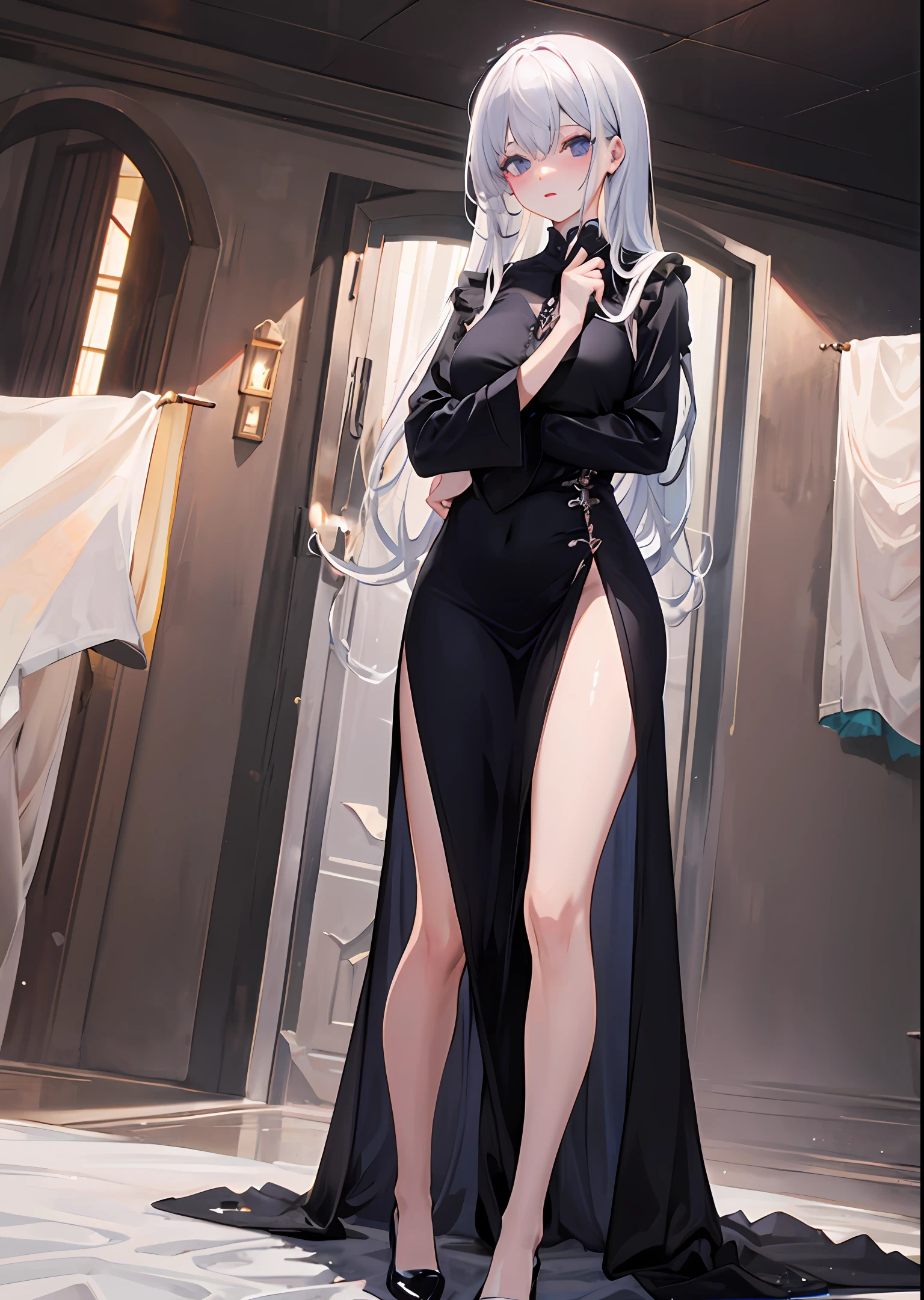 Clothes smeared with white liquid
Expensive black mourning long dress
nsfw