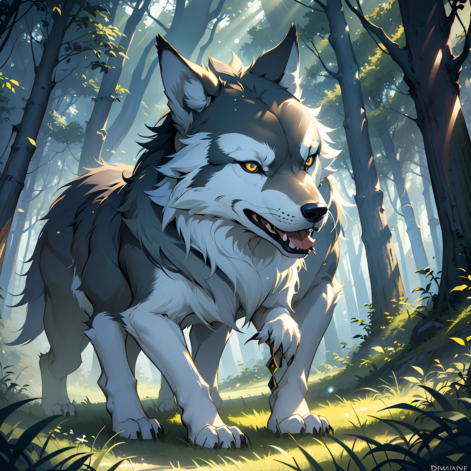 a large skinny, hungry wolf leaning against a tree with its mouth open waiting for someone to pass by so it could feed. --auto