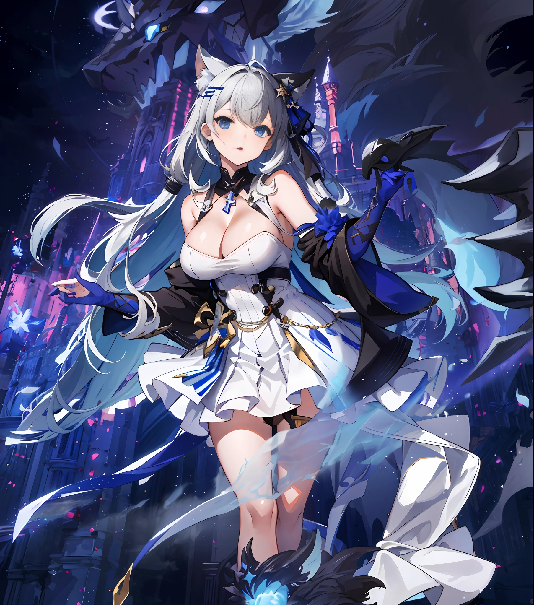 anime girl with white hair and blue eyes in a white dress, From the night of the ark, white cat girl, A scene from the《azur lane》videogame, arknight, Kushatt Krenz Key Art Women, 《azur lane》role, azur lane style, trending on artstation pixiv, Best anime 4k konachan wallpaper, Official artwork, official character art