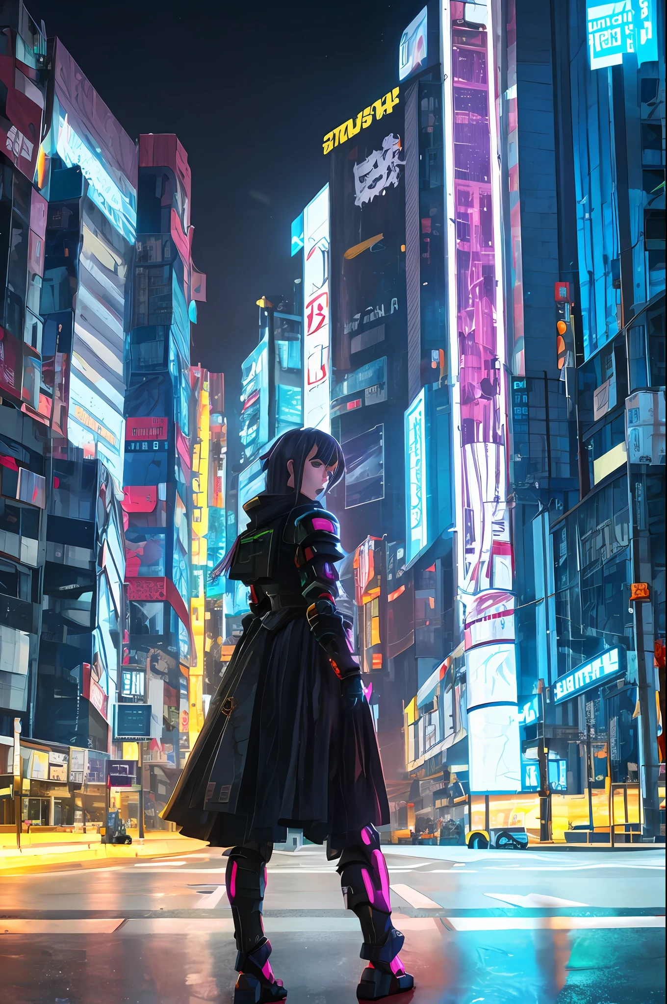 Girl in dark Gundam armor standing on the side of the road Cyberpunk street night view