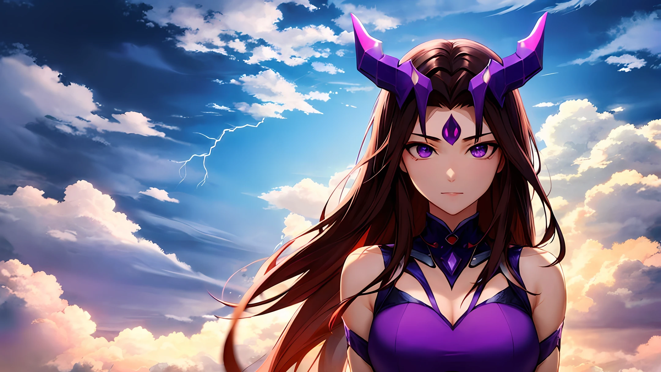 Purple demon mask，There is thunder and lightning all around，Clouds surround。