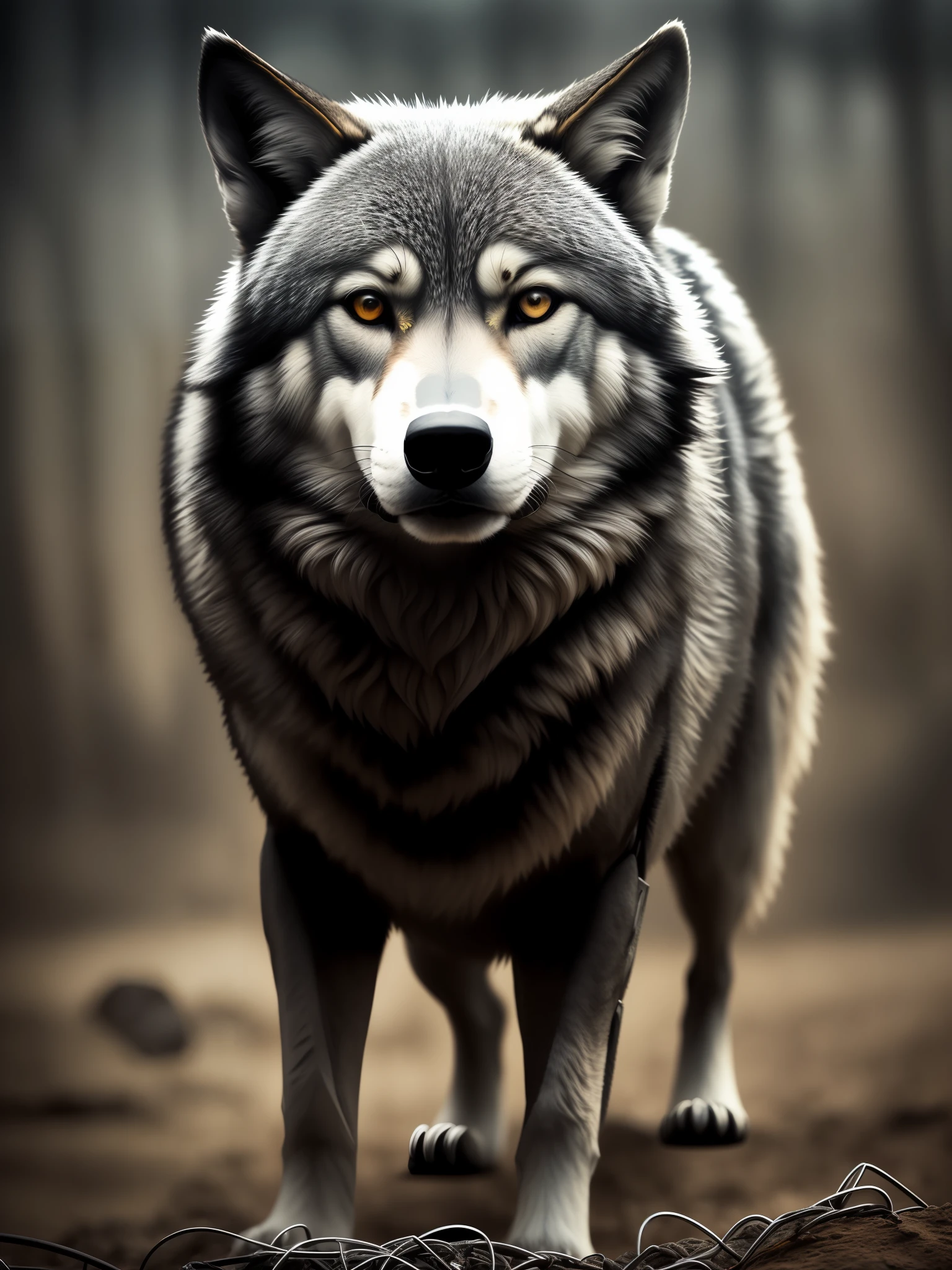 A handsome wolf made of metal，(cyborg:1.1)，([tail | detailed wire]:1.3)，(Complicated details)，hdr，(Complicated details，hyperdetailed:1.2)，Cinema lenses，Vignette，at centre