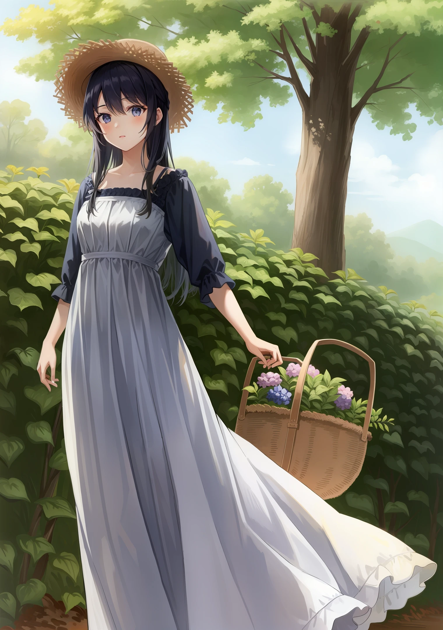 Literary girls，Lilac long dress，Casual straw hat，Carrying the basket，standing under a tree，Artificial human