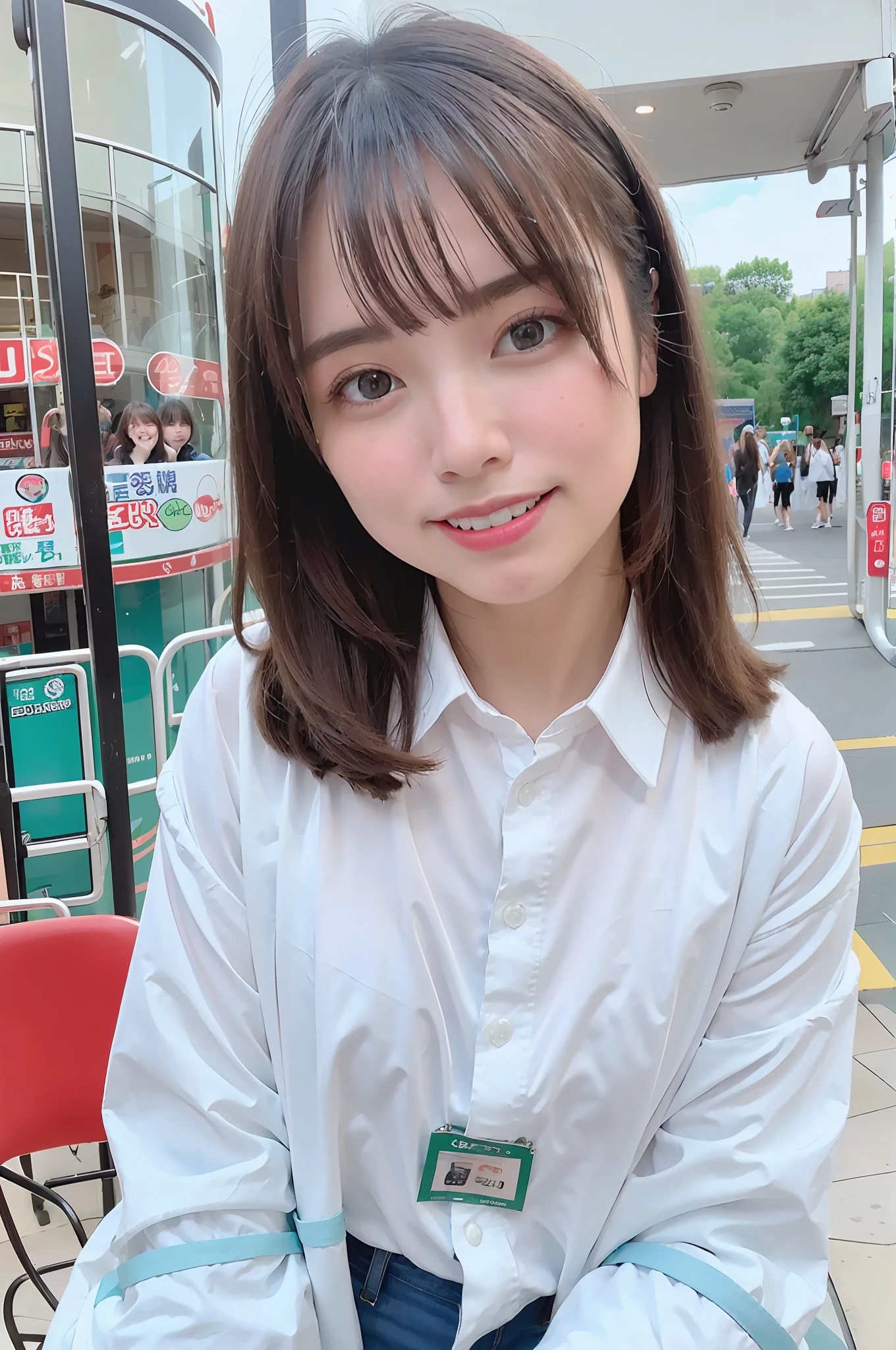 Top Quality, Ultra High Definition, (Photorealistic: 1.4) 1 Girl, Extra Large Jacket, White Shirt, Riding the Ferris Wheel, Stiff Shoulders, Cute (Jpop Idol), (Egyosal: 1), (Brown Hair: 1), (Puffy Eyes), Look Viewer, Facing Head, Laughing