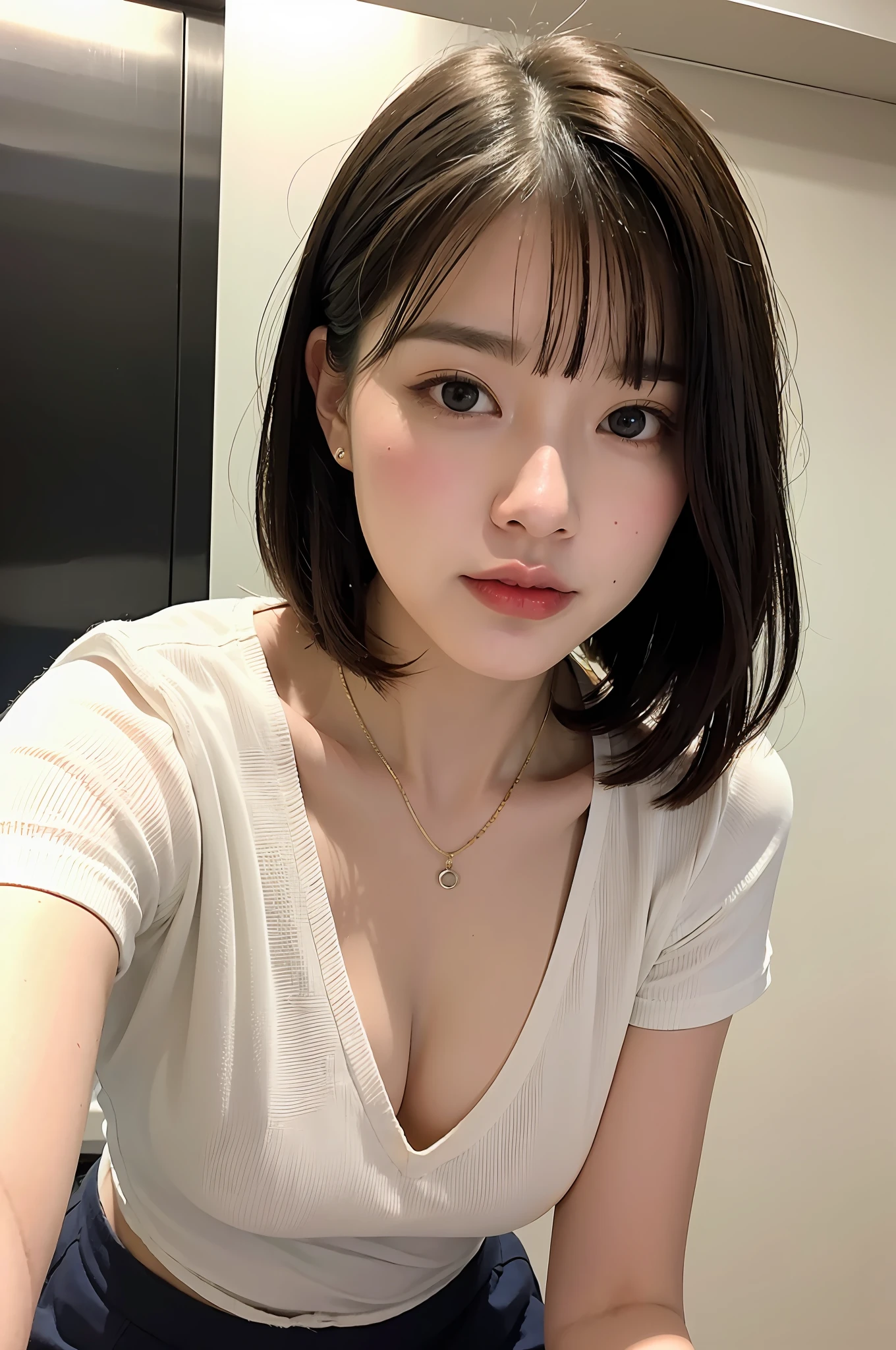 ((8K:1.27)、beste-Qualit、masterpiece、Super-High Resolution:1.2)Photo beautiful Chinese woman(pleasing:1.1) (White shirt:1.21) Design by Gregg Lutkowski and Alphonse Mucha Intricate Elegance、Fantasia、detail、Geometry、Gradient lighting、1girl in、Delicate skin、looking at the viewers、brown-eyed、(short hair with bangs:1.2)、(Medium chest:1.0)、(medium areola:0.8)、(realisitic:1.4)、(beste-Qualit:1.0)、(Super-High Resolution:1.0)、8K、Raw photography、(masterpiece:0.2)、(pureerosface_v1:0.5)、 Camisole、s Office、Inside the elevator、Be proud、