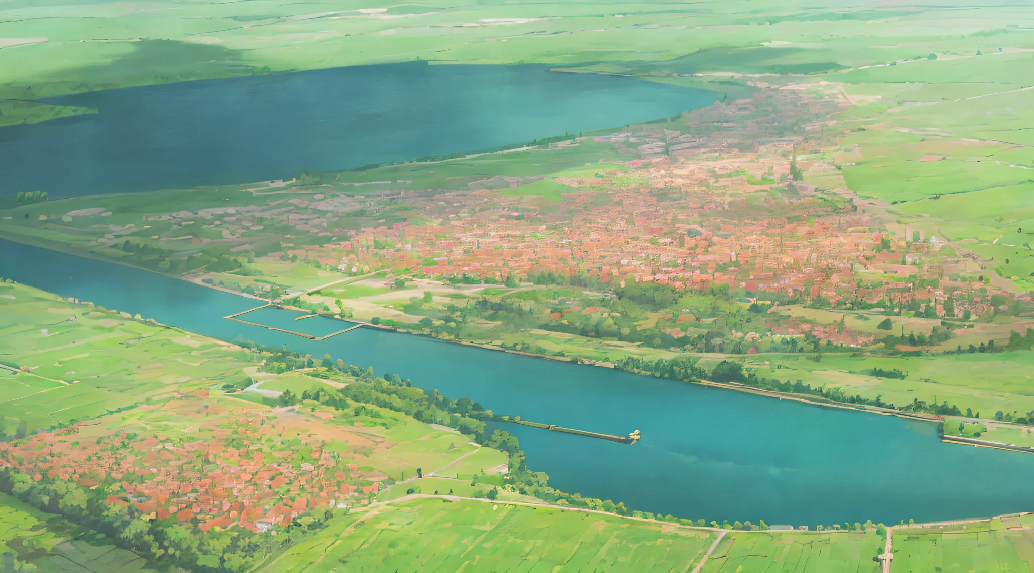 A massive flowing meadow with a small town next to a lake in the far distance, cinematic, massive scale, deviantart, award winning