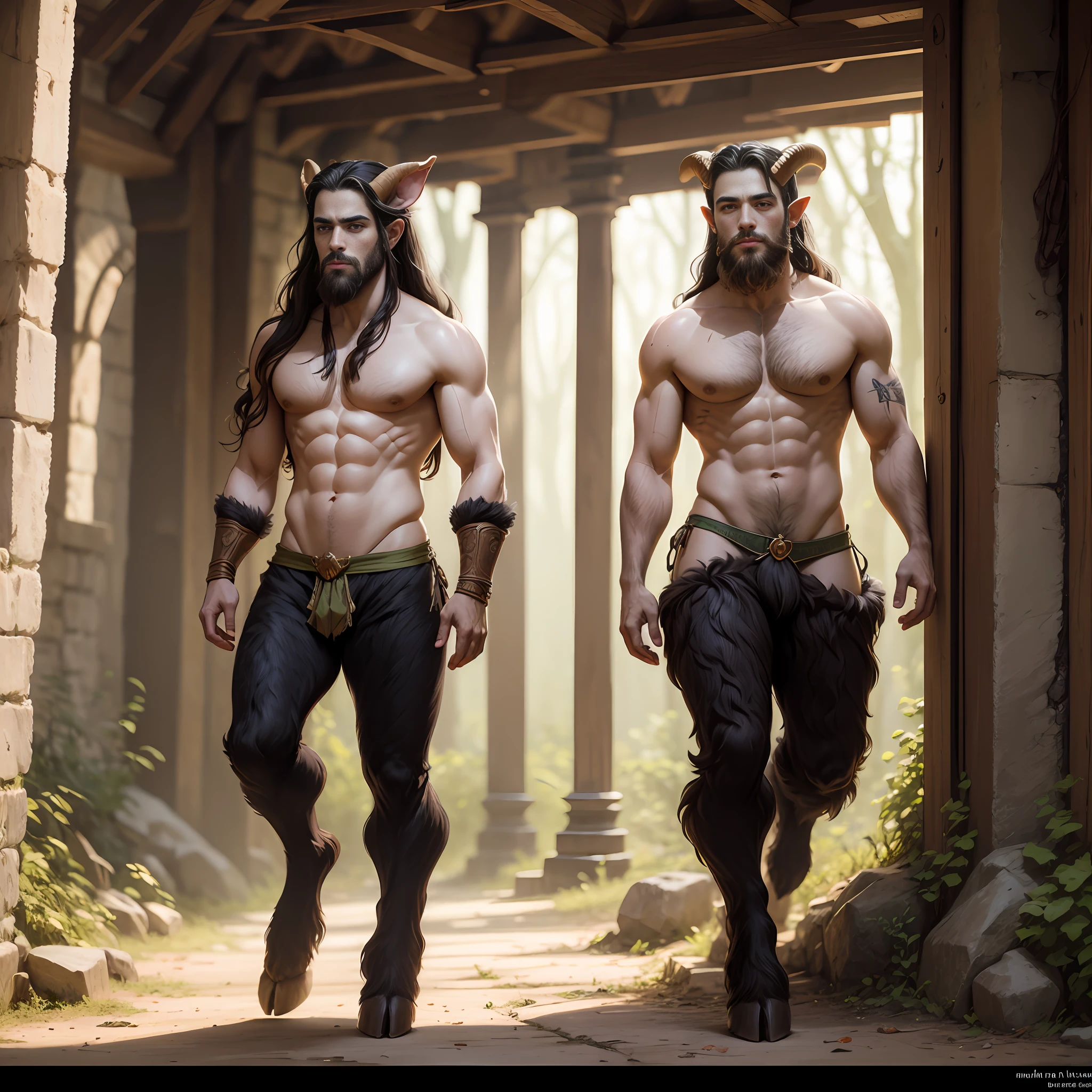 Satyr, faun, lone, handsome, 1 man, long hair, beard, loincloth, fur pants, fur legs, goatlike legs, goatlike horns, druid, leafs, shrooms