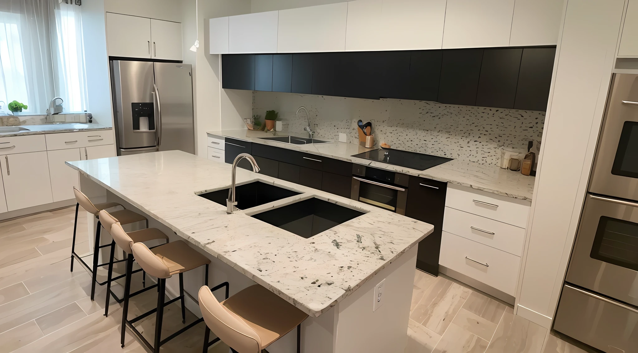 Photo of a kitchen – open concept, com janela Blindex cor Branca,Siena white granite counter((Smooth balloon stone without spots)), with Cabinet counter siena modulated, na cor ((cinza claro)) --auto