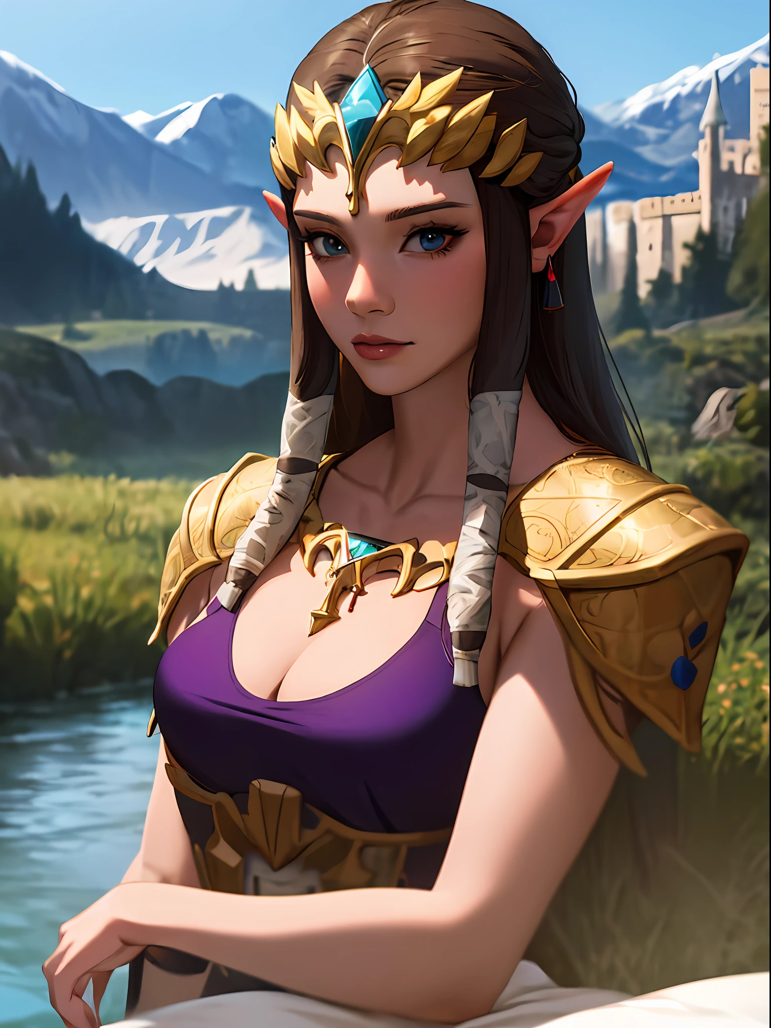 masterpiece, highres, photorealistic, best quality, 8k, best quality, ultra-detailed, perfect lighting, cinematic lighting, adult, mature, female, 1girl, solo, bed, outdoors, nature, trees, mountains, river, castle, princess zelda, nintendo, the legend of zelda, blue clothes,  portrait, cleavage,  small breasts, upper body,  looking at viewer,