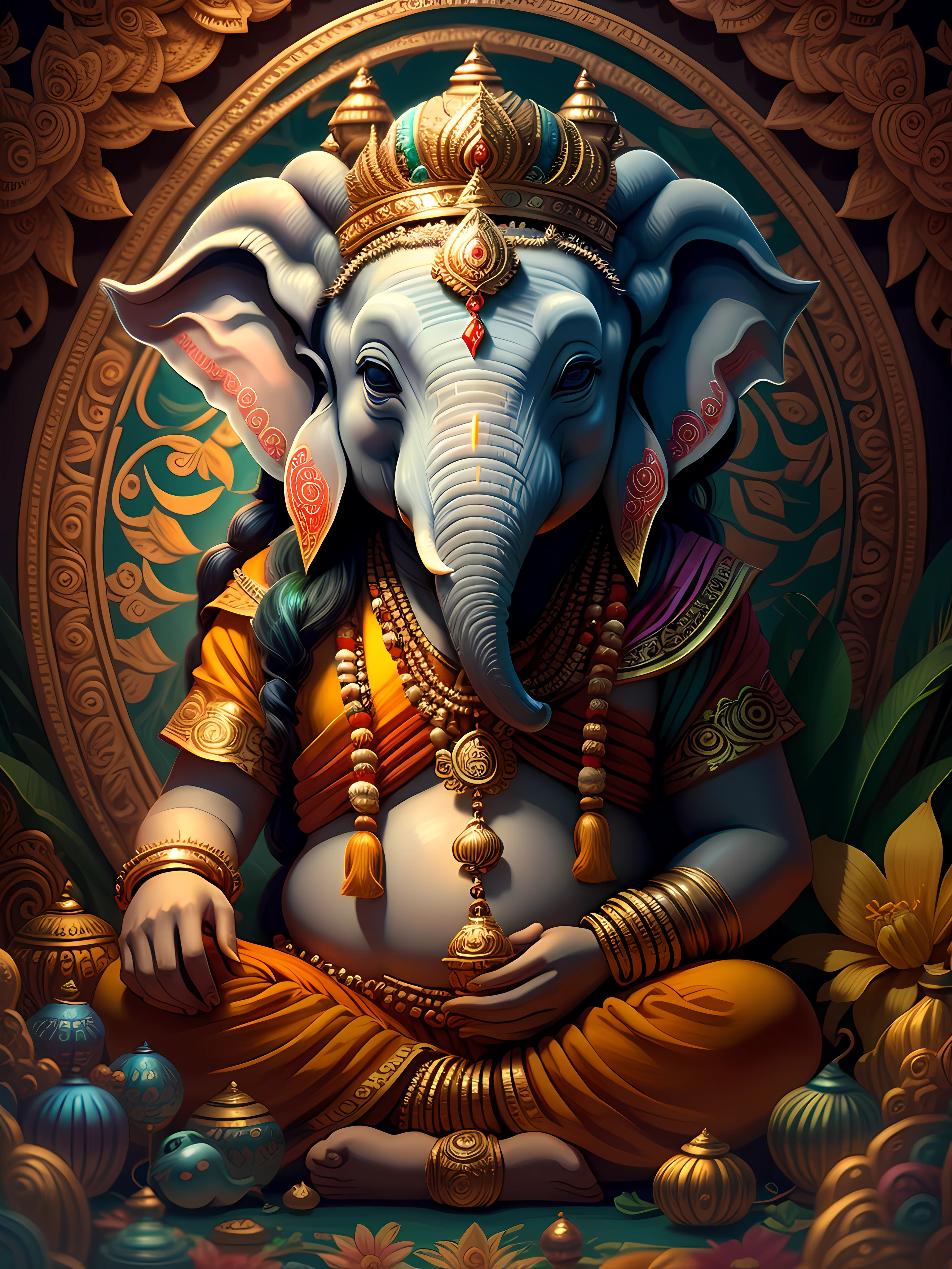 brightly colored lord ganesha with floral decoration in the jungle, detailed digital 3d art, archan nair, colored lord ganesha art, 4k highly detailed digital art, intricate digital painting, beautiful digital artwork, highly detailed digital artwork, highly detailed digital art, high detailed digital art, digital art highly detailed, intricate 3 d illustration, exquisite digital illustration, full of colors and rich detail