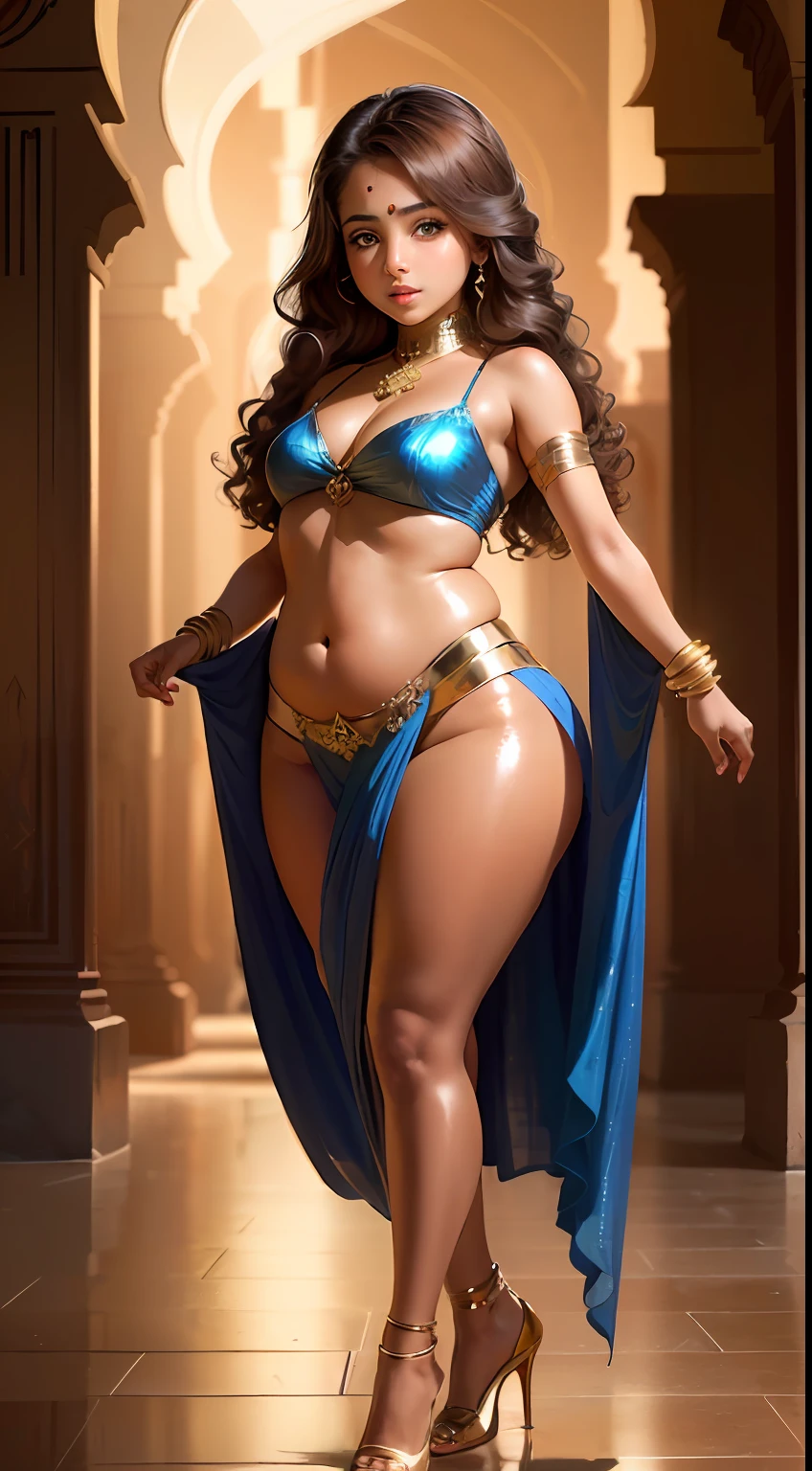 (20 years old), (arabian girl:1.5) perfect face, (chubby:1.4) child in saree perfect full HDR body exposed midriff highleg  flat chest curvy indian armpits bellydancer 8k high res knees ankles , royal skimpy underwear, cleavage (shiny skin:1.5) depth of field (full body shot) (high heels) (brown skin:1.7) (arabian background:1.5)