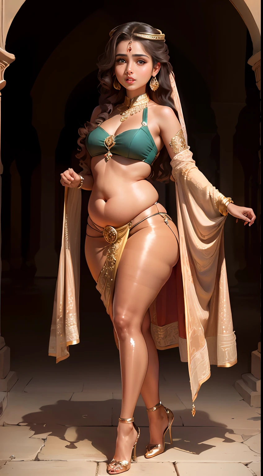 (20 years old), (arabian girl:1.5) perfect face, (chubby:1.5) child in saree perfect full HDR body exposed midriff highleg loli flat chest curvy indian armpits bellydancer 8k high res knees ankles , royal skimpy underwear, cleavage (shiny skin:1.6) depth of field (full body shot) (high heels) (brown skin:1.7) (arabian background:1.5)