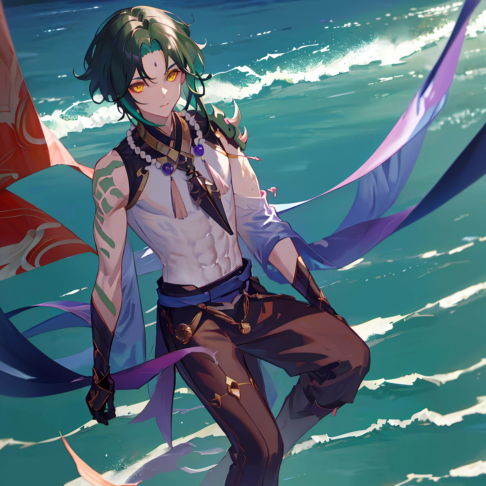 1boys，Dark green hair，very best quality，tmasterpiece，Extrem，yellow eyes，malefocus，Beautiful  eyes，beachside，Abs，夏天