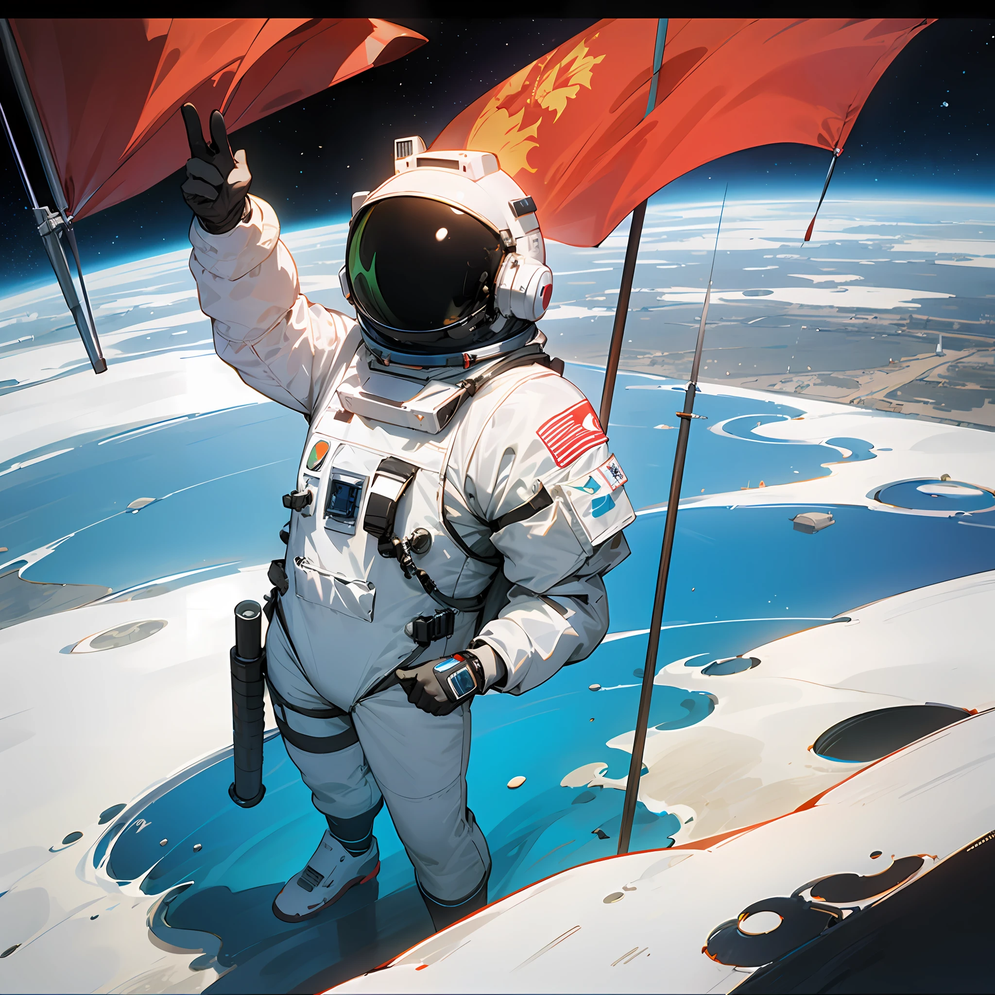 Several astronauts with various guns，Wearing a spacesuit with white all over his body，The glass on the helmet is black，A five-star red flag is attached to the arm，turned his back to the camera，Standing on the surface of the moon，Looking out at the blue earth，There is a Chinese flag planted around him，Next to it was a white armored car，photorealistc，There is also a lunar base in the distance