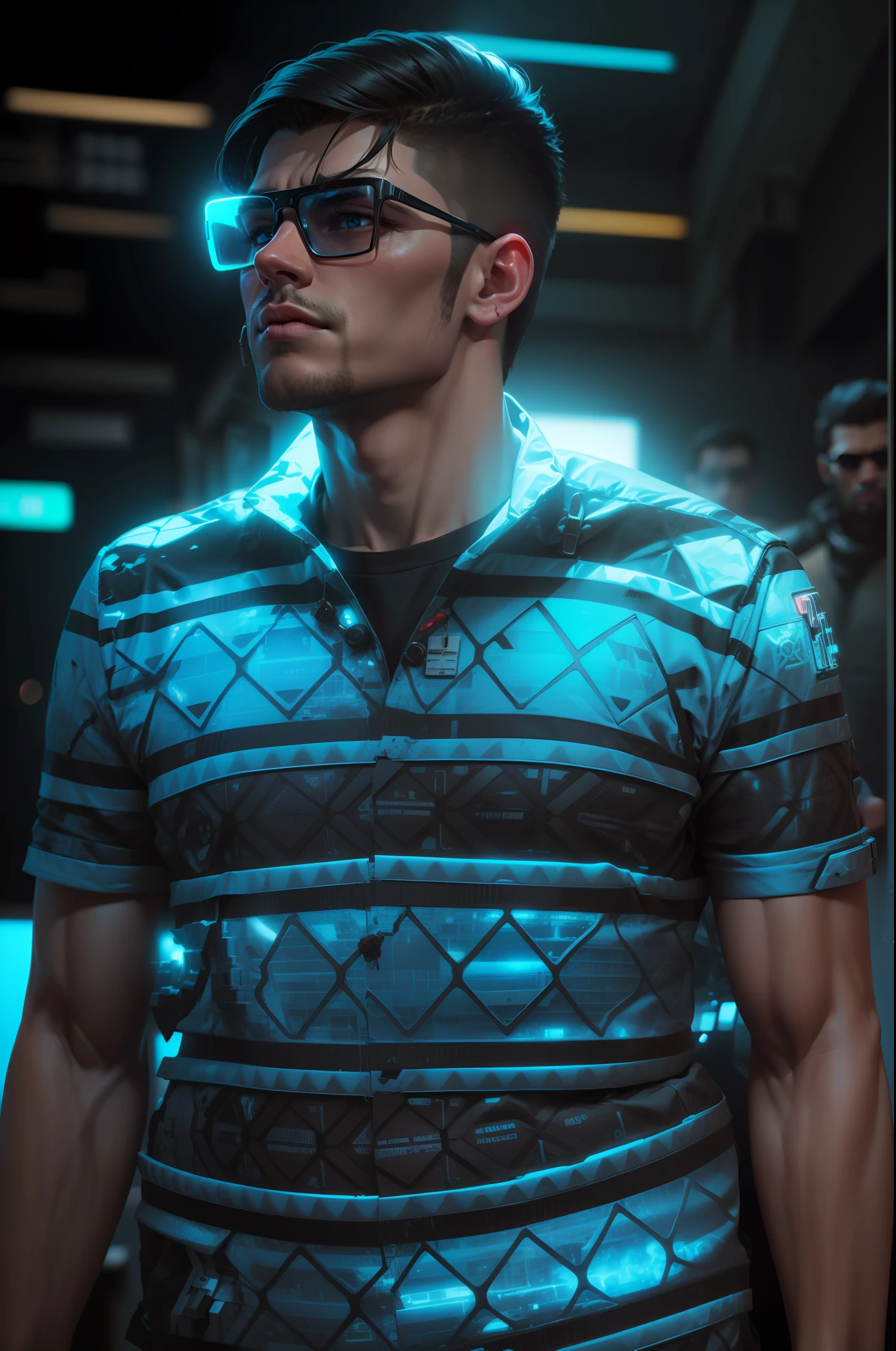 (best quality) realistic cyberpunk environment, high resolution handsome male character, (dynamic pose+dynamic angle:1.1),(chiseled face:1.2+sharp jawline),(bright blue eyes:1.3+technological/sci-fi feel),(short hair:0.9+taper fade:1.1) (full body shot:1.1+cinematic feel), (complex background:1.2+crowd+neon lights+technology:1.2), immersive, (ultra-realistic:1.3+3D-like:1.1) graphics.