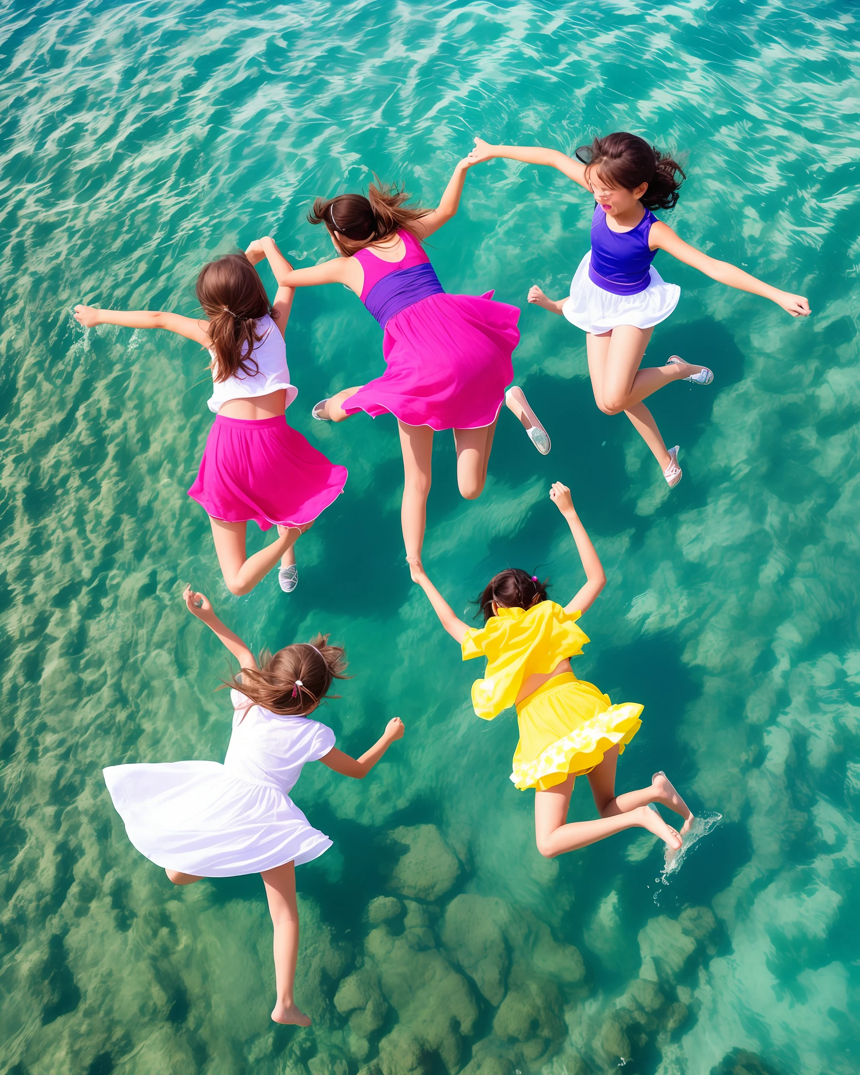 Girls frolic on the colorful seabed
