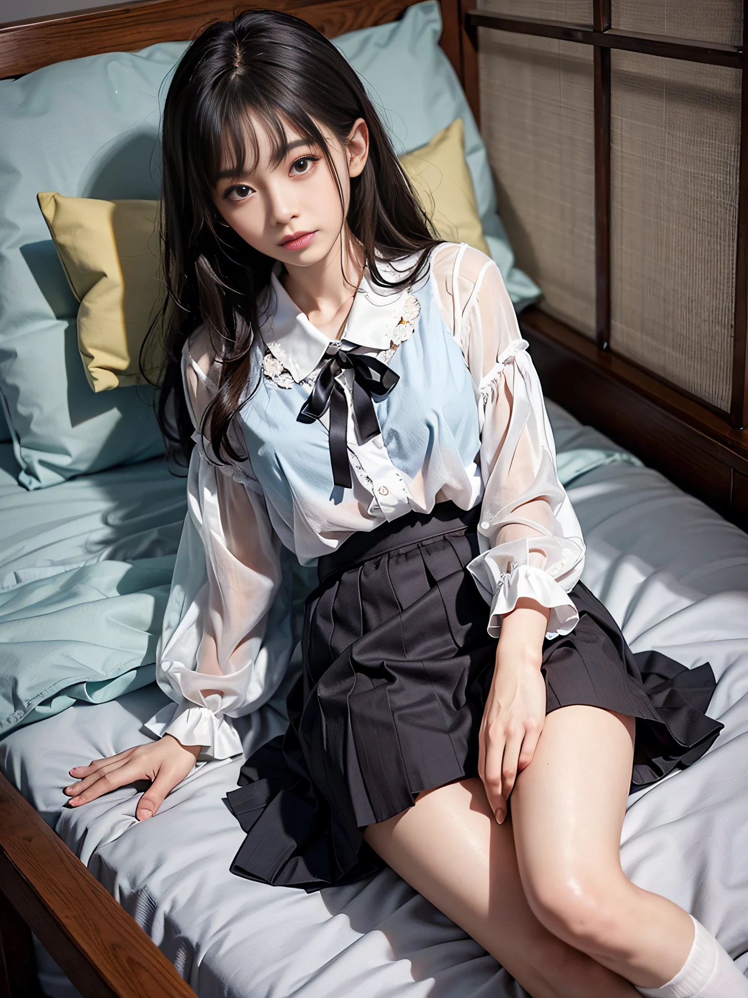 Ruffled blouse、Ribbon Ties、frill skirt、Wear folded white socks、One woman in Japan with faint smile lying on white bed isolated on bright white background、Perfect Anatomy