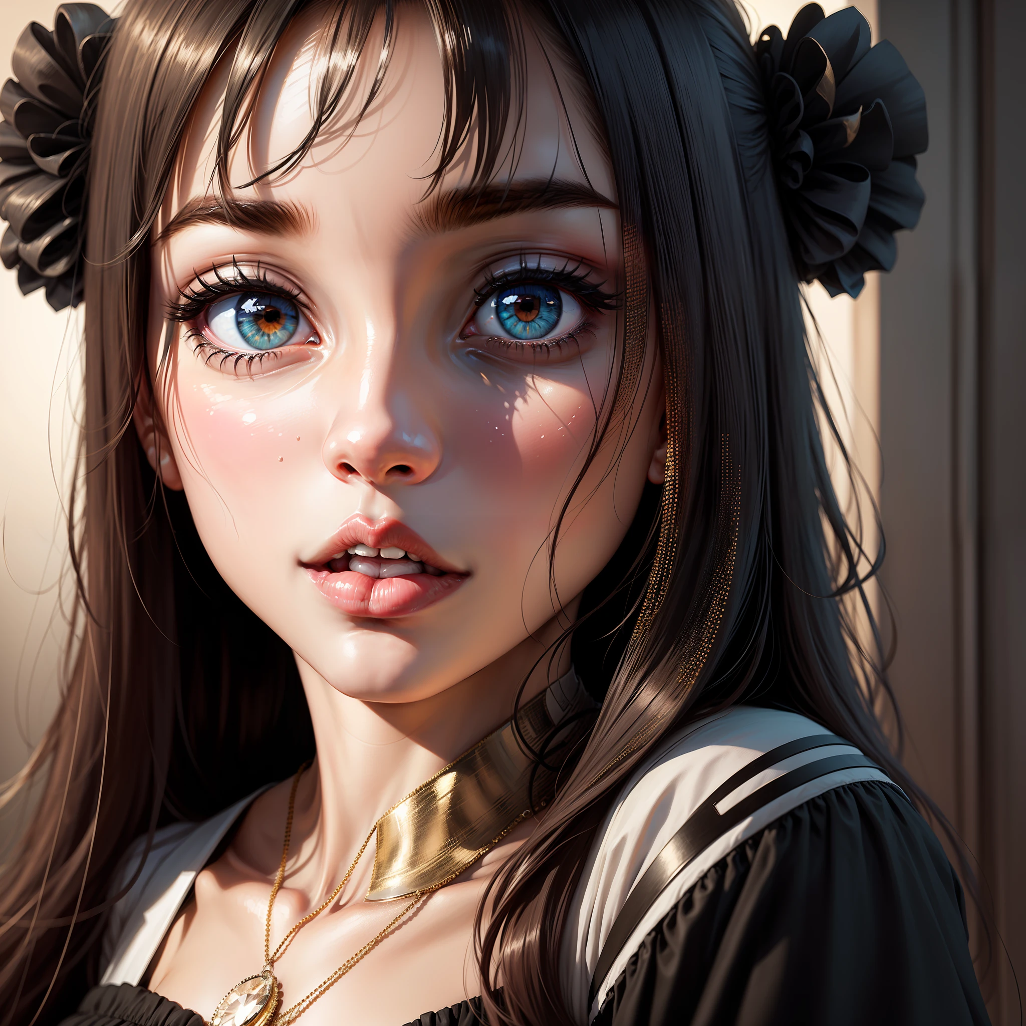 ((masterpiece, best quality, ultra-detailed, high-resolution)), solo, beautiful girl, gleaming eye, perfect eye, age 15, black white gold theme, --auto
