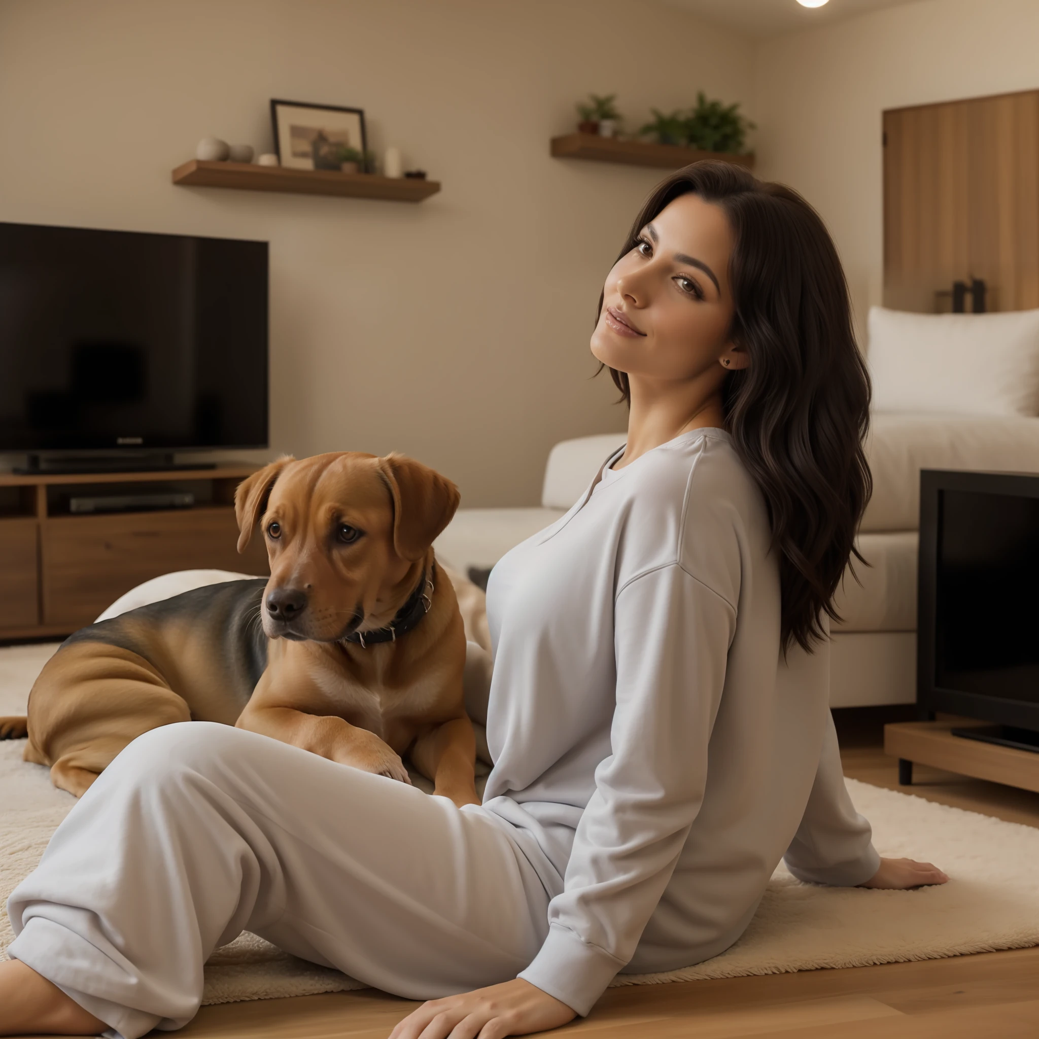 Mulher branca, cabelo preto de franja, de pijama cinza, assistindo tv com os dois cachorros, fotorrealismo, HD, 8k
