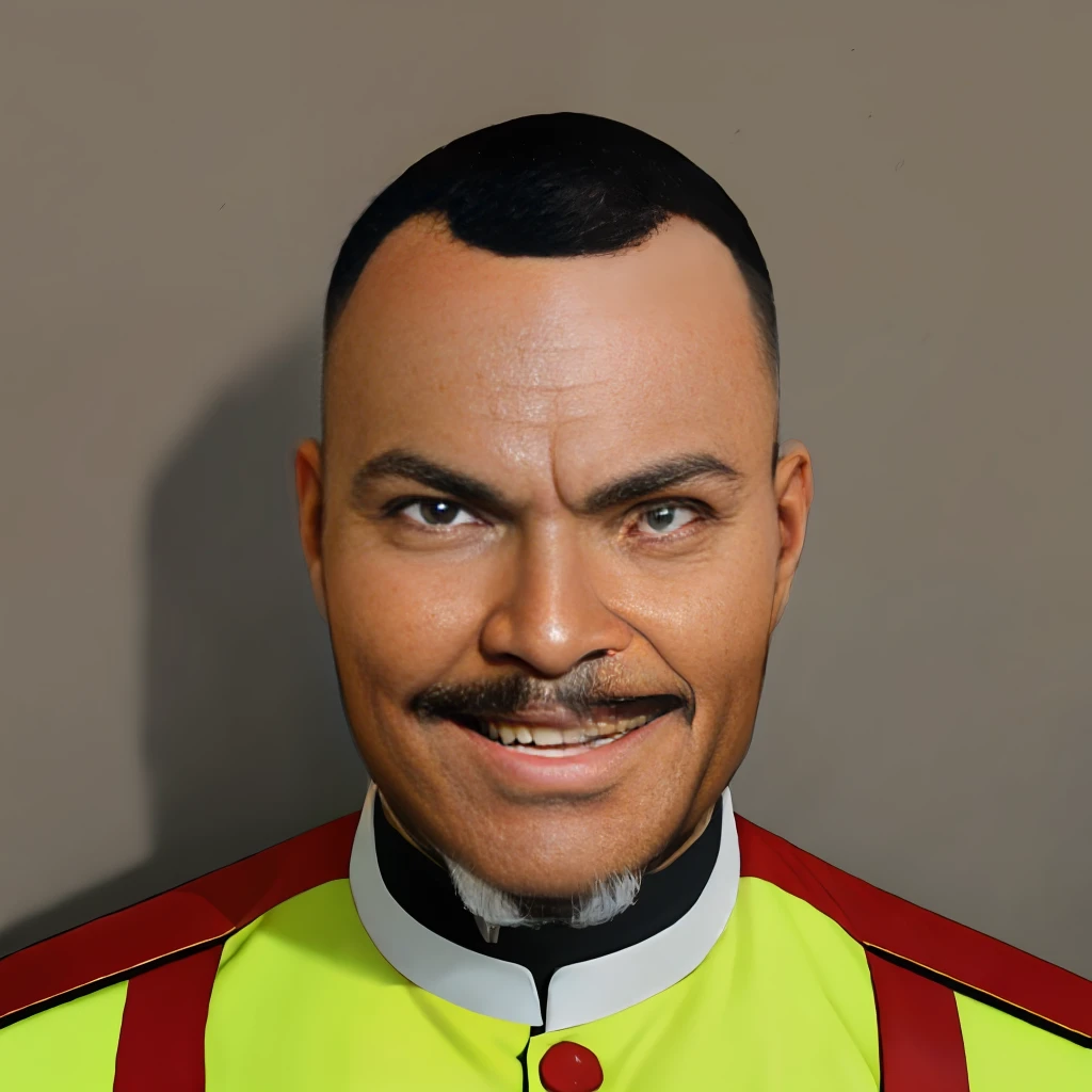 best quality, semi-realistic, a portrait of an adult man with light brown skin, thai, short black buzz cut, widow's peak, brown eyes, futuristic military uniform, smirk, detailed face, detailed eyes, (black background), (no background), masterpiece