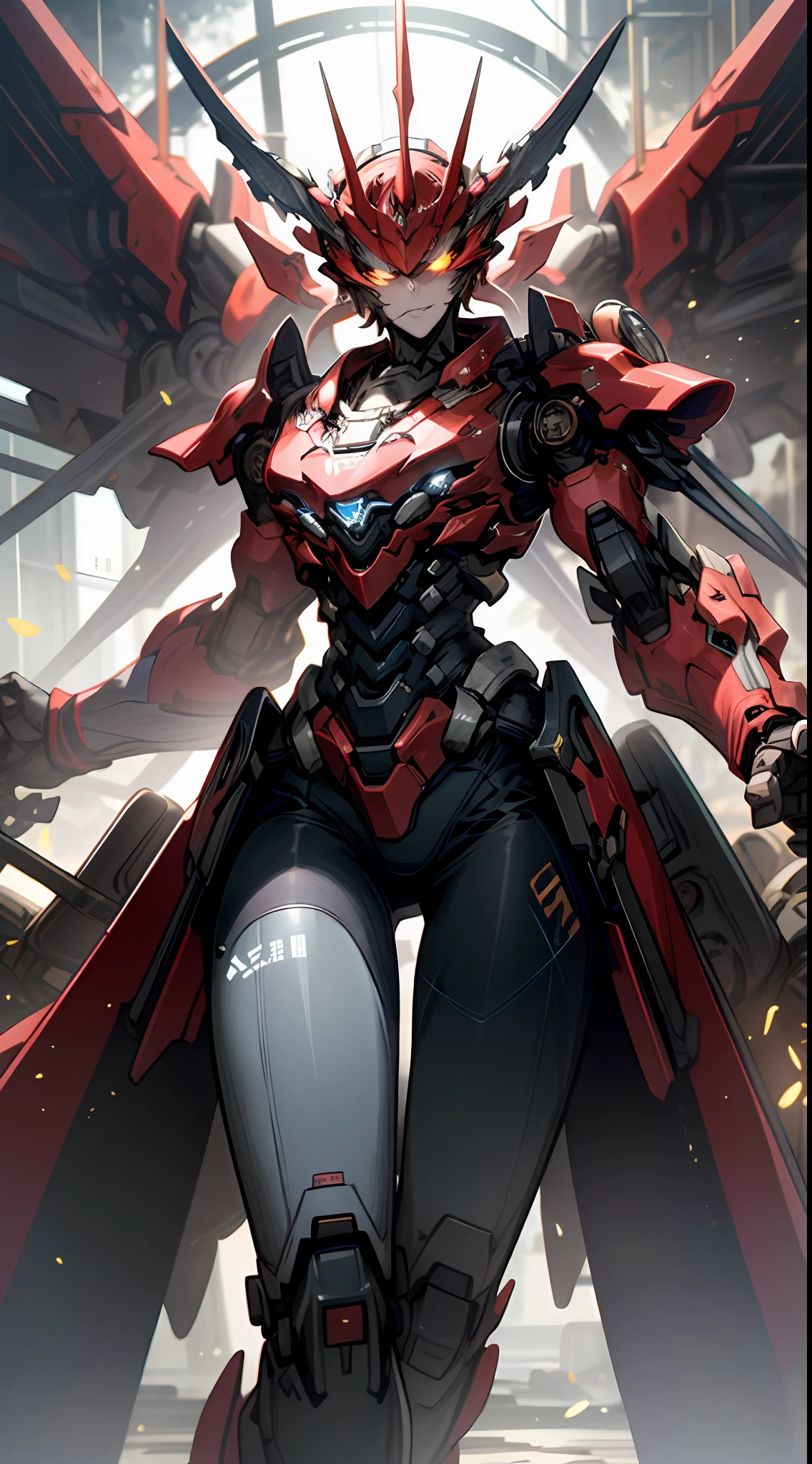 The largest mech,Sparkling mech,Pure red mech,(Three-quarters photo:1.3),Blue glowing eyes,Complex and elaborate head and chest,Precision and beautiful,Fang Tianji in both hands,(Plug it into the ground:1.3),Emits red particle light,(orthofacial:1.3),Ultra photo realsisim,super-fine,Cinematic texture,8K,超高分辨率