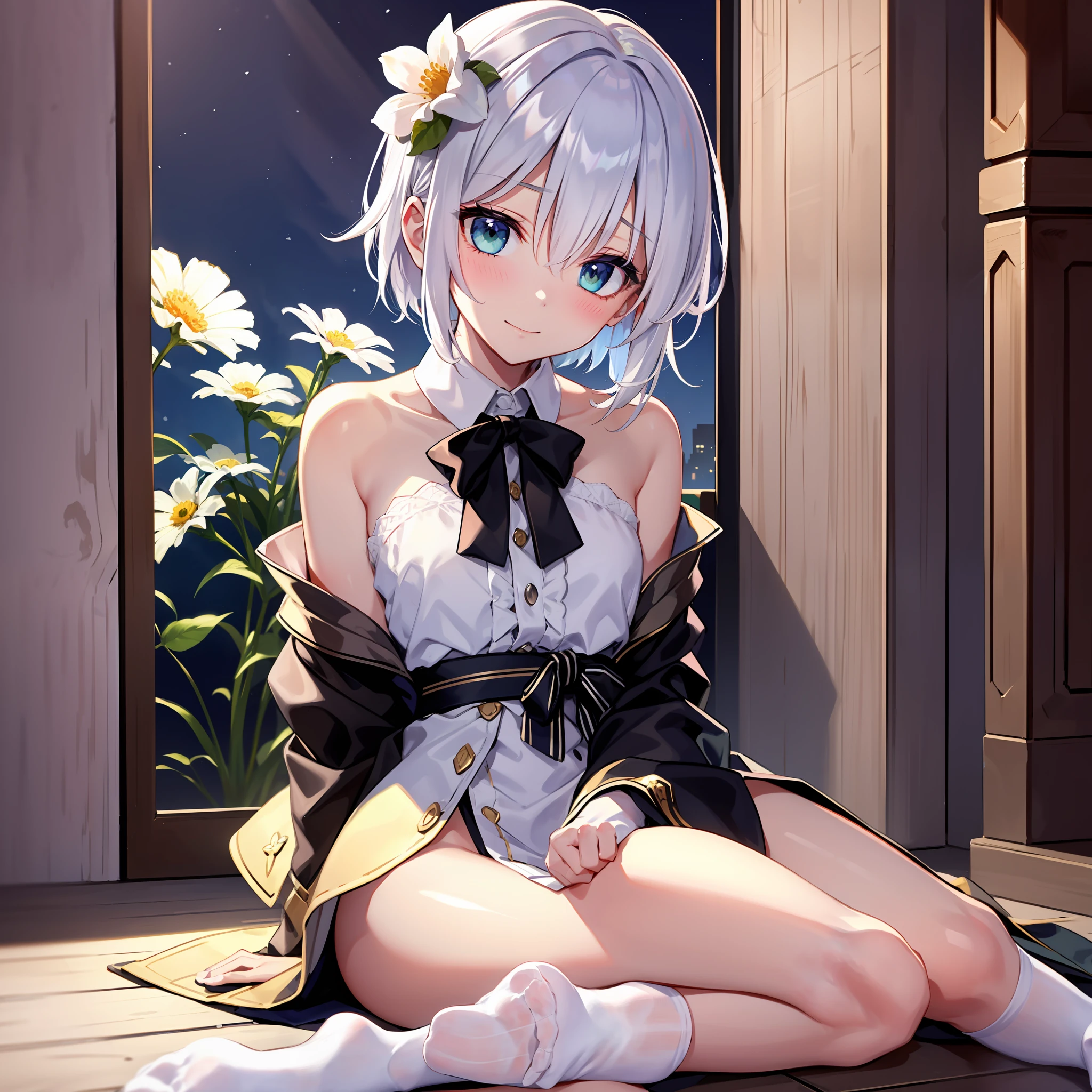 (Sitting), (bow), (Silver hair), (Short hair), (Light green eyes), hreat in the eyes, (four-petaled white flower hair ornament: 1.1), (Blush), bangs, (a girl in [((((without socks))): 0.4] : 1.2), (Nudie), 鎖骨, (White thighs: 1.2),  looking looking at viewer, [(Night: 1.2),