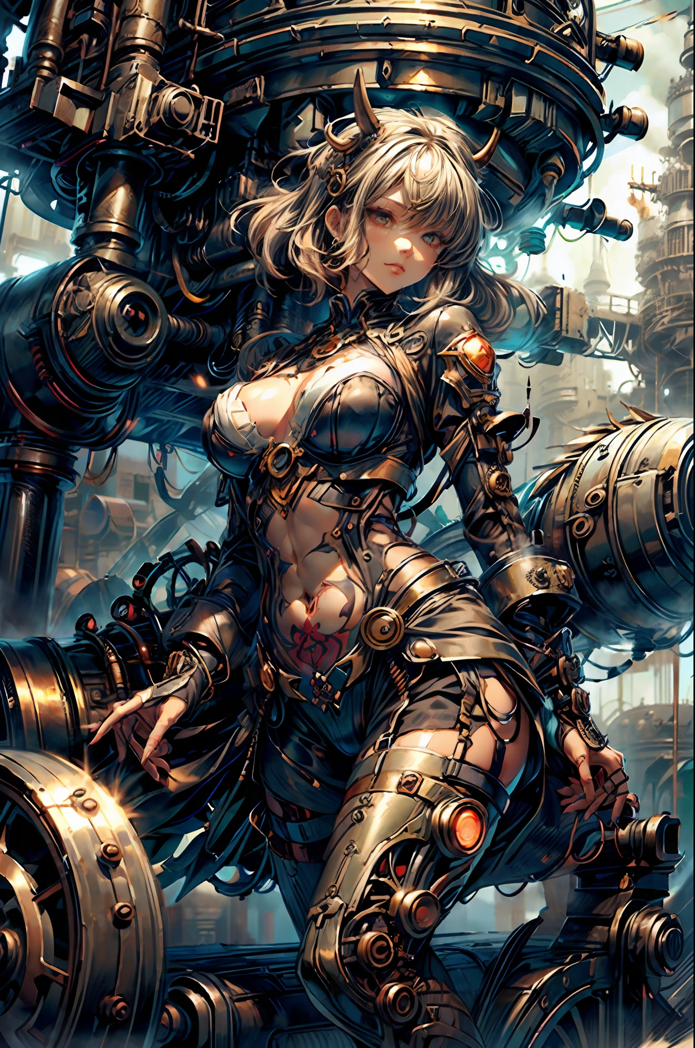((animated cartoon、illustratio))、(steampunc)、(absurderes、hight resolution、ultra-detailliert)、highly detailed CG unit 8k wallpaper、intricate-detail、Workshop in the background、Many pipes、joint、complex machinery、Big gears、steams、Machine Wall、Lots of meters、Industry、tech、impurity、anvil、buttoning、levers、automaton、electricity、electric sparks epic atmosphere、cow boy shot、dynamicposes、factories、1womanl、matural female、longwavy hair、Split color hair、bangss、manga comprida、finely eye and detailed face、detailed hairs、Hair luster、cleavage of the breast、thighs thighs thighs thighs、The belly、a navel、Many tattoos、(juicy skin)、(Very shiny skin)、Black leather mechanical cyber suit、highleg、manga comprida、Black leather gloves、intricate suit、(Glossy clothing)、Thick black leather belt、long boots、Fine mechanical parts、Glowing parts