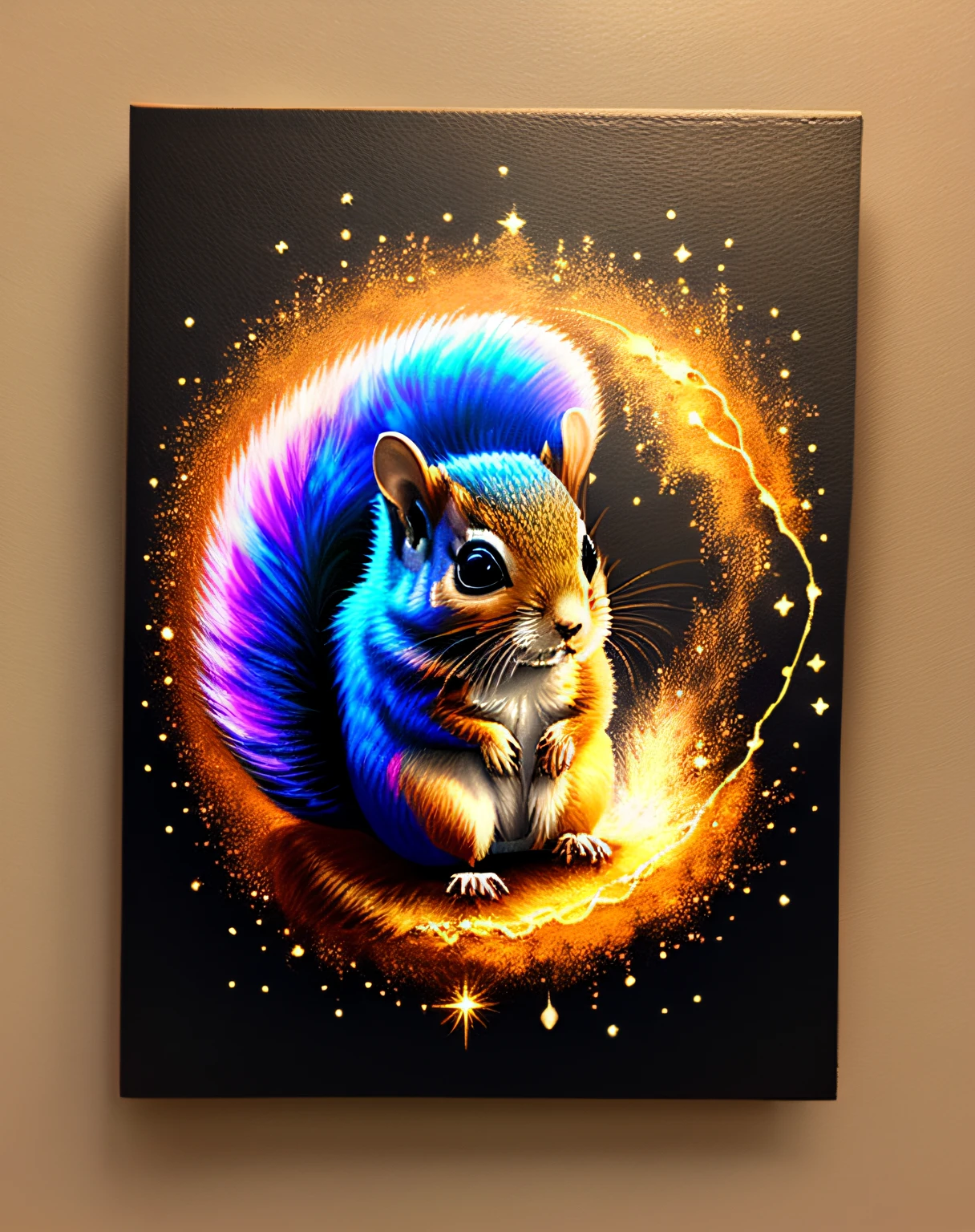 a painting of a colorful squirrel on a black background,, breathtaking rendering, within a radiant connection, inspired by Kinuko Y. Craft,, magical elements, kitten icon, wow, is beautiful, casting a multi colorful spell, bright flash, flash