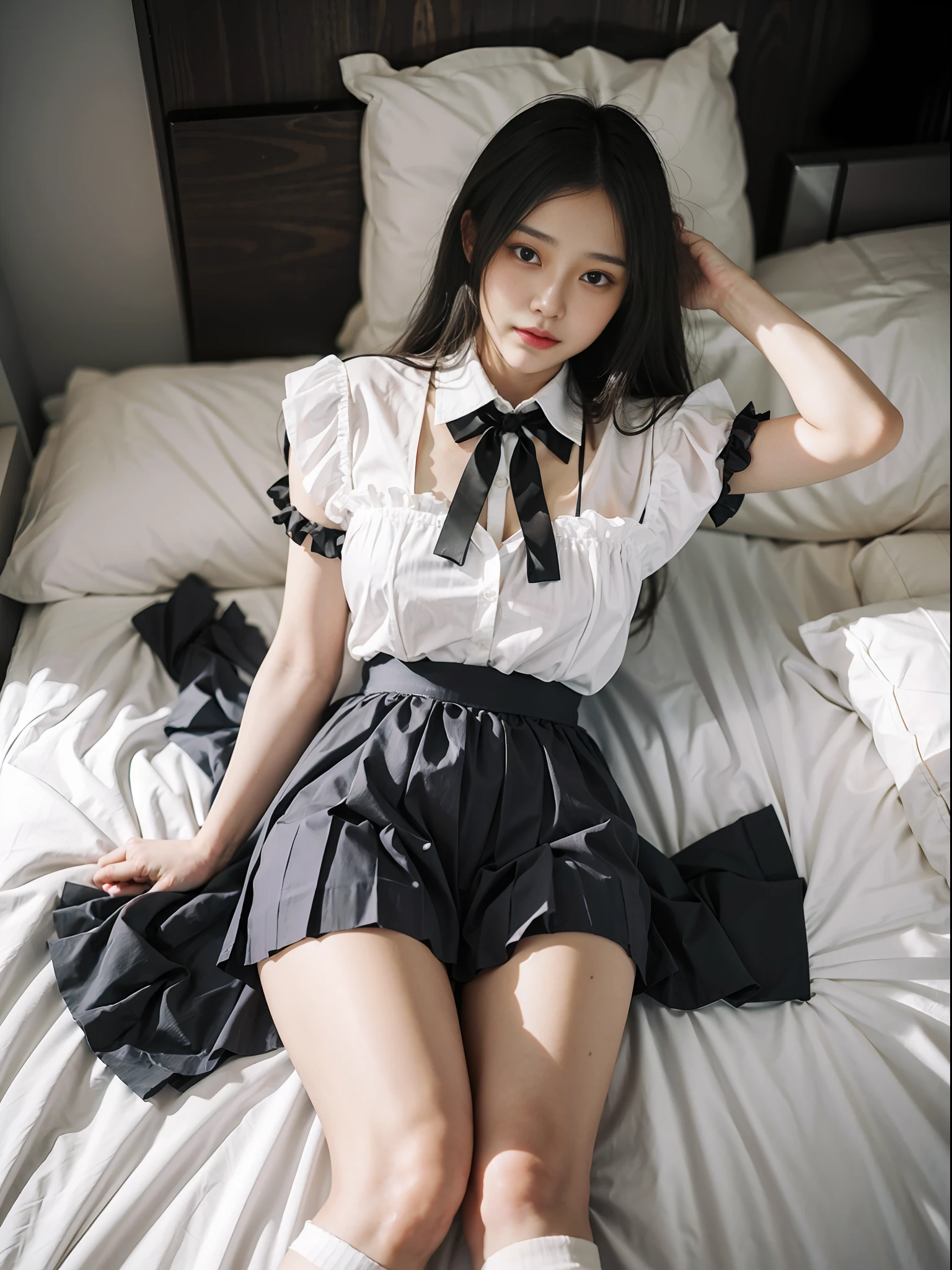 Ruffled blouse、Ribbon Ties、frill skirt、Wear folded white socks、One woman in Japan with faint smile lying on white bed isolated on bright white background、Perfect Anatomy