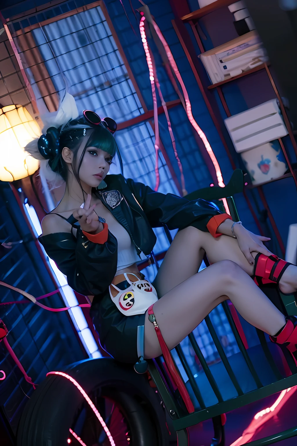 Alafi sat in his chair，Wear a pair of shoes, cyber punk style, cyber punk setting, Cyberpunk style, cyber punk style, cyberpunk style outfit, has cyberpunk style, wearing cyberpunk streetwear, Cyberpunk costumes, cyberpunk anime girl, Cyberpunk 2 0 y. o model girl, cyberpunk photo, cyberpunk look, female cyberpunk anime girl, cyberpunk femme fatale