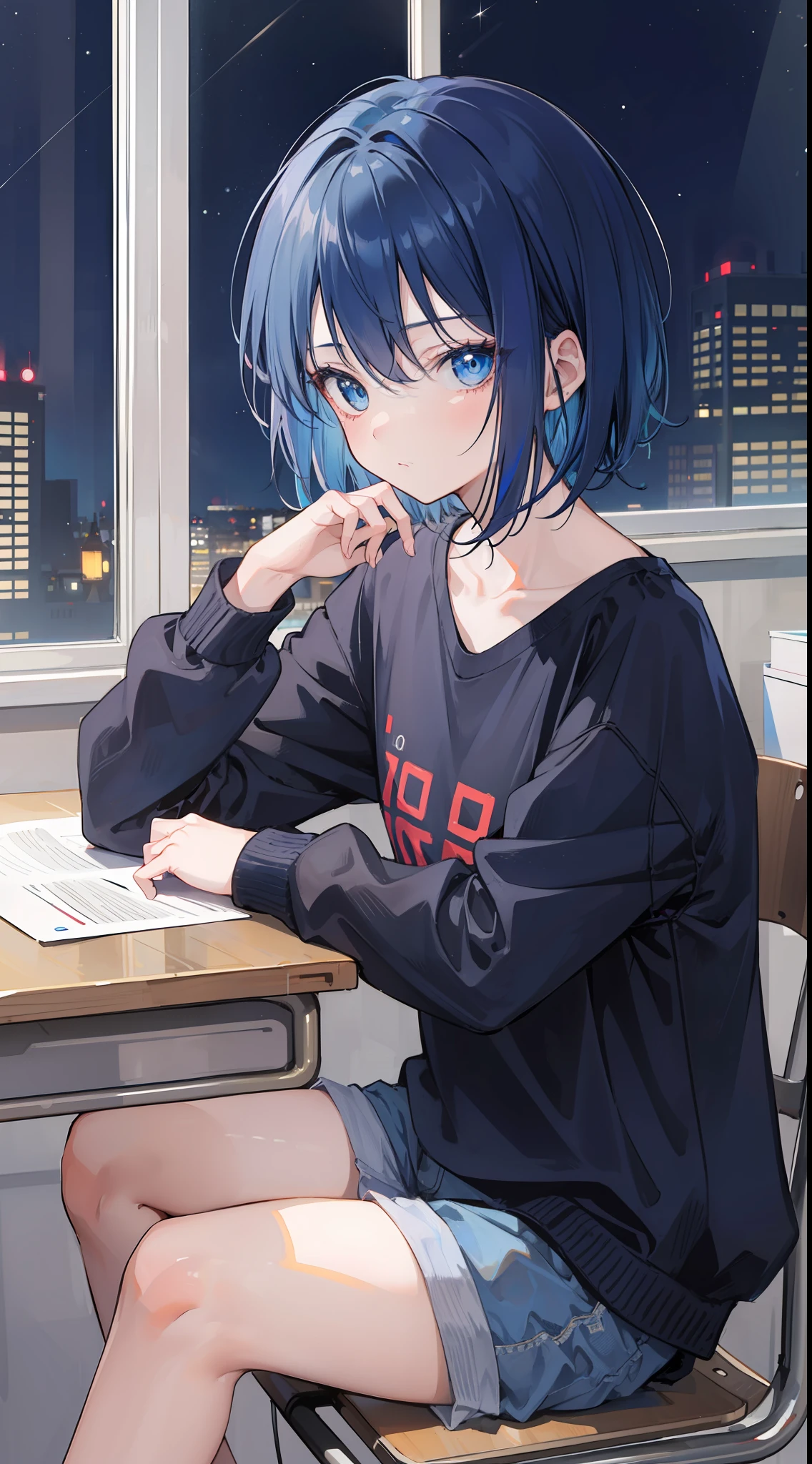 A girl, dark blue hair and bright blue eyes, short hair, wearing a casual cloth, sitting at the study table, night, cute, no expression