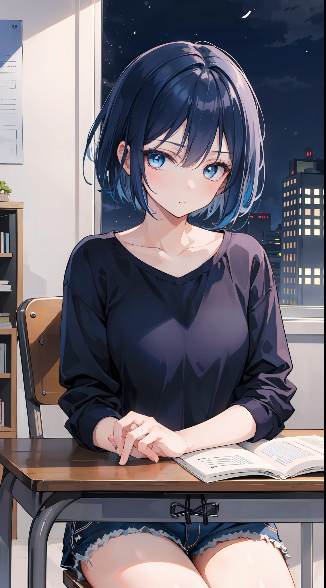A girl, dark blue hair and bright blue eyes, short hair, wearing a casual cloth, sitting at the study table, night, cute, no expression