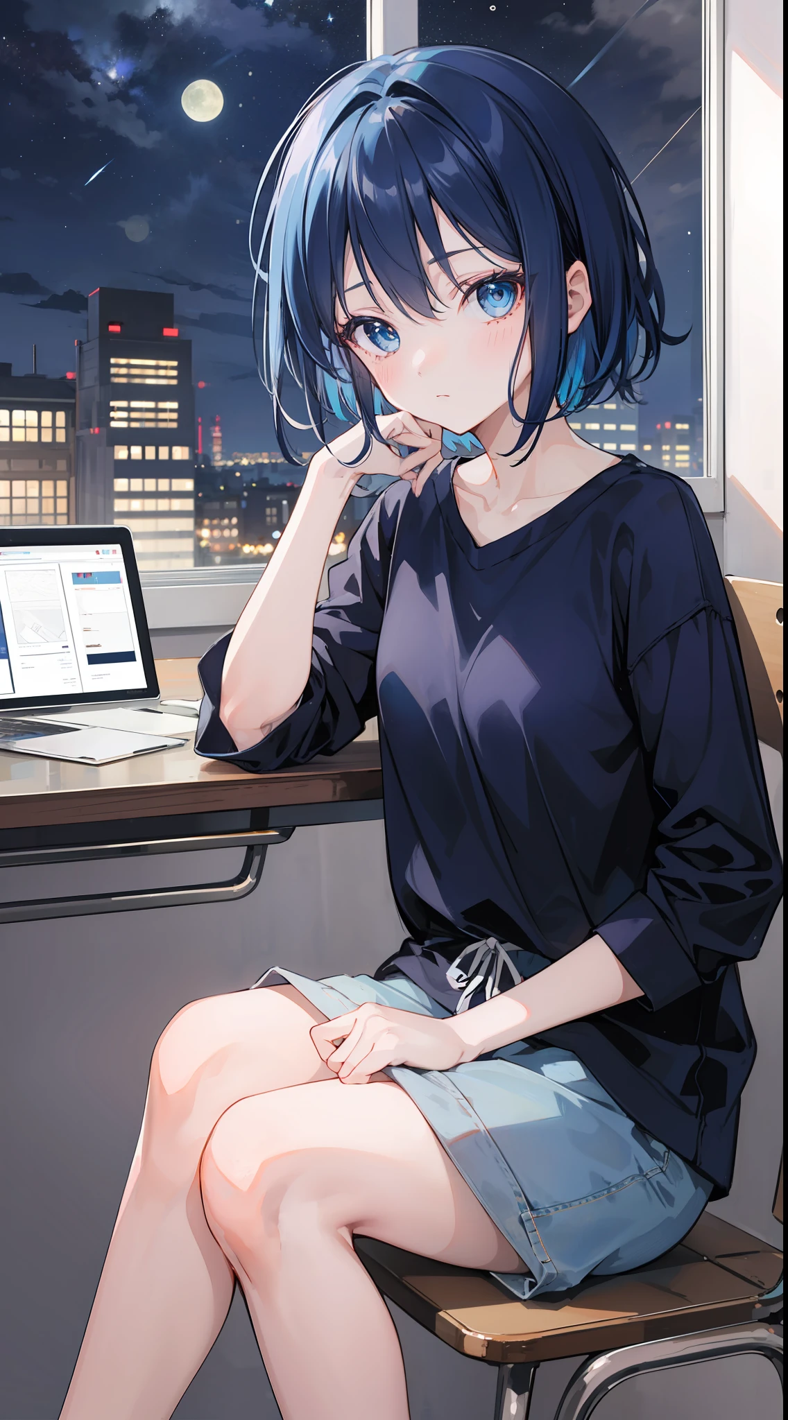 A girl, dark blue hair and bright blue eyes, short hair, wearing a casual cloth, sitting at the study table, night, cute, no expression