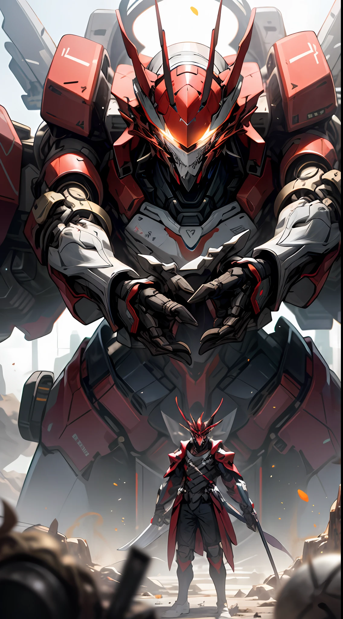 The largest mech,Sparkling mech,Pure red mech,(Three-quarters photo:1.3),Blue glowing eyes,Complex and elaborate head and chest,Precision and beautiful,Fang Tianji in both hands,(Plug it into the ground:1.3),Emits red particle light,(orthofacial:1.3),Ultra photo realsisim,super-fine,Cinematic texture,8K,超高分辨率