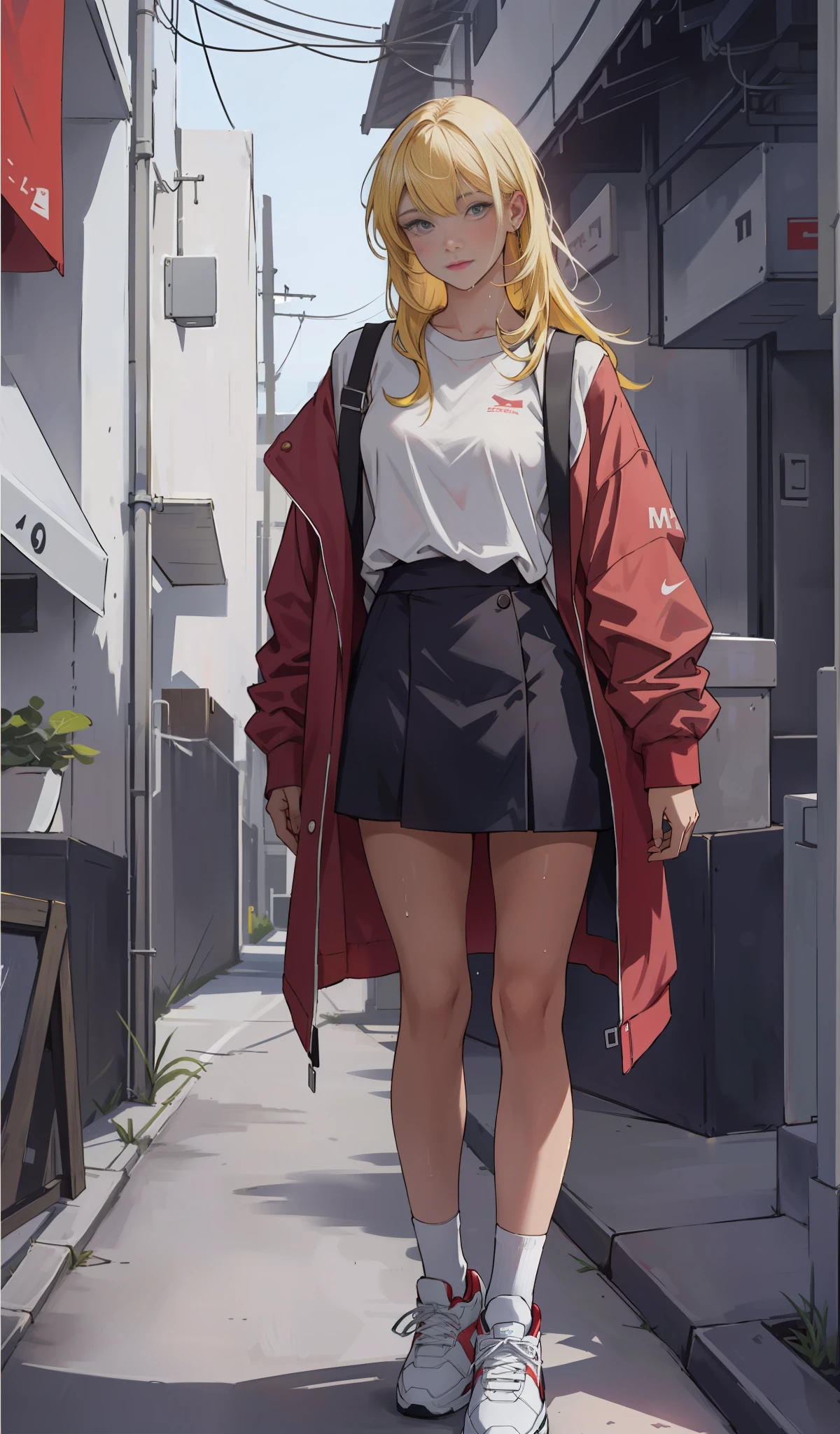 Masterpiece, photo realistic hyper details, a woman in a white shirt, red colour mini short, playing video game, simple style, wearing elegant casual clothes, muted red, simple clothes, milk and red style, casual transparent clothing style, wet, modern fashion outfit, wearing a fisher , casual modern clothing, inspo, red clothes, red oversized jacket, red mini short, neutral tones, red and white color scheme, casual business outfit,cute face, nike shoes, 22 years old, adult face, long hair, ((yellow hair)), street traditional festival